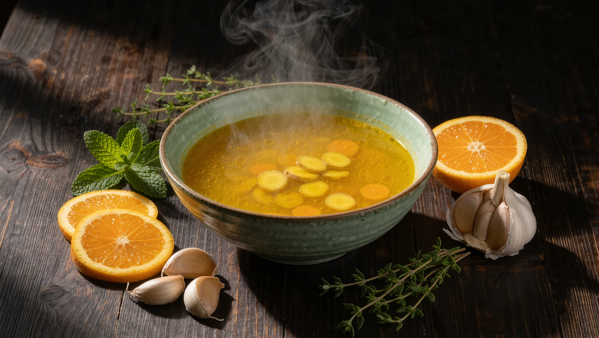 A steaming bowl of golden turmeric and ginger broth with citrus, garlic and fresh herbs arranged around it on dark wood