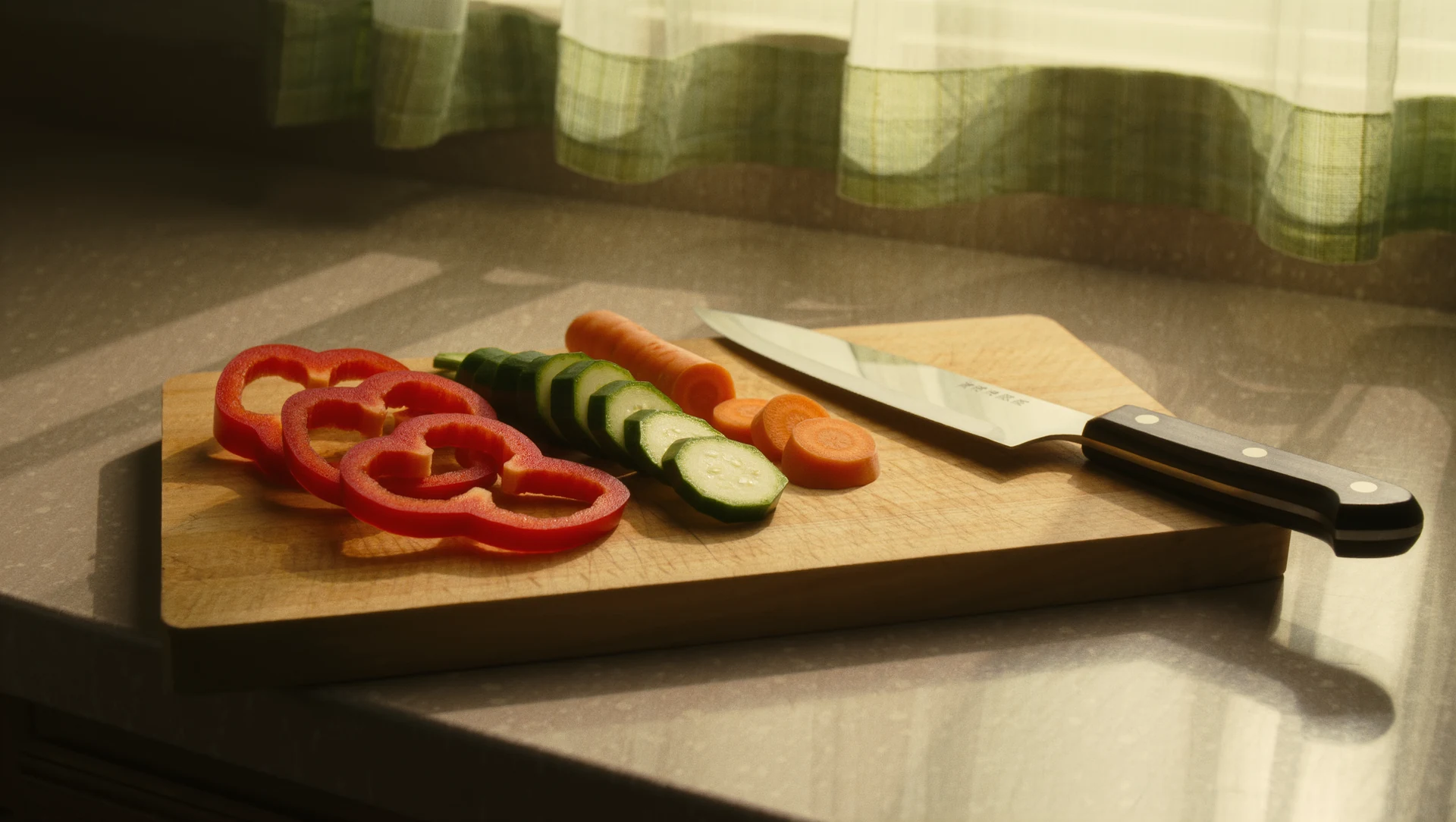 A calm kitchen scene: a wooden chopping board with prepared vegetables, a chef's knife set aside, morning light through a linen curtain