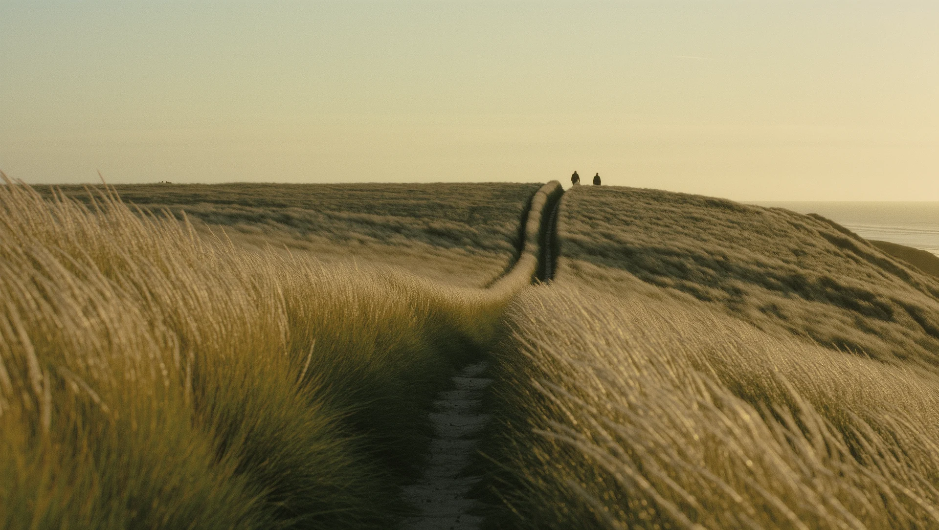 A wide hillside walking path at golden hour with two distant walking figures far away and unrecognisable, long grass moving in the wind