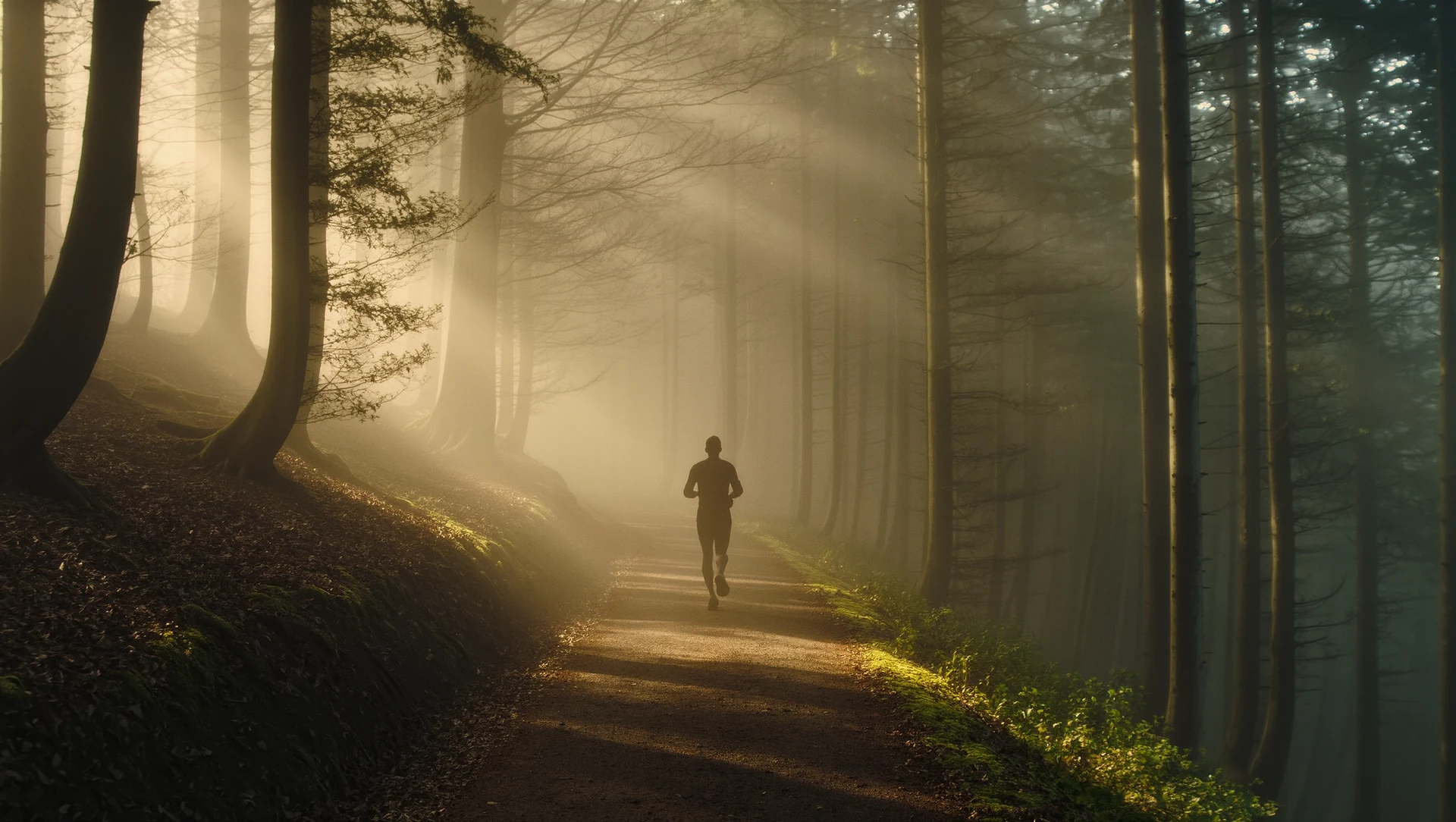 A lone runner's silhouette on a misty forest trail seen from far behind, low golden sun breaking through the trees