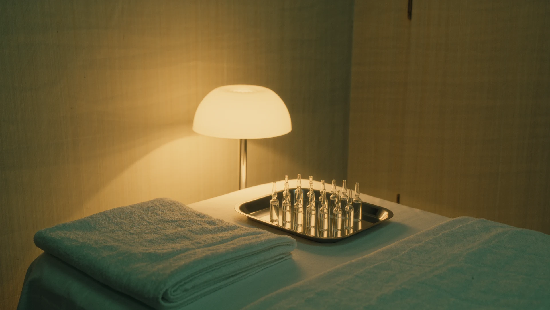 A calm clinic treatment room: a folded white towel, a stainless steel tray with glass ampoules and a warm lamp glow on pale plaster walls