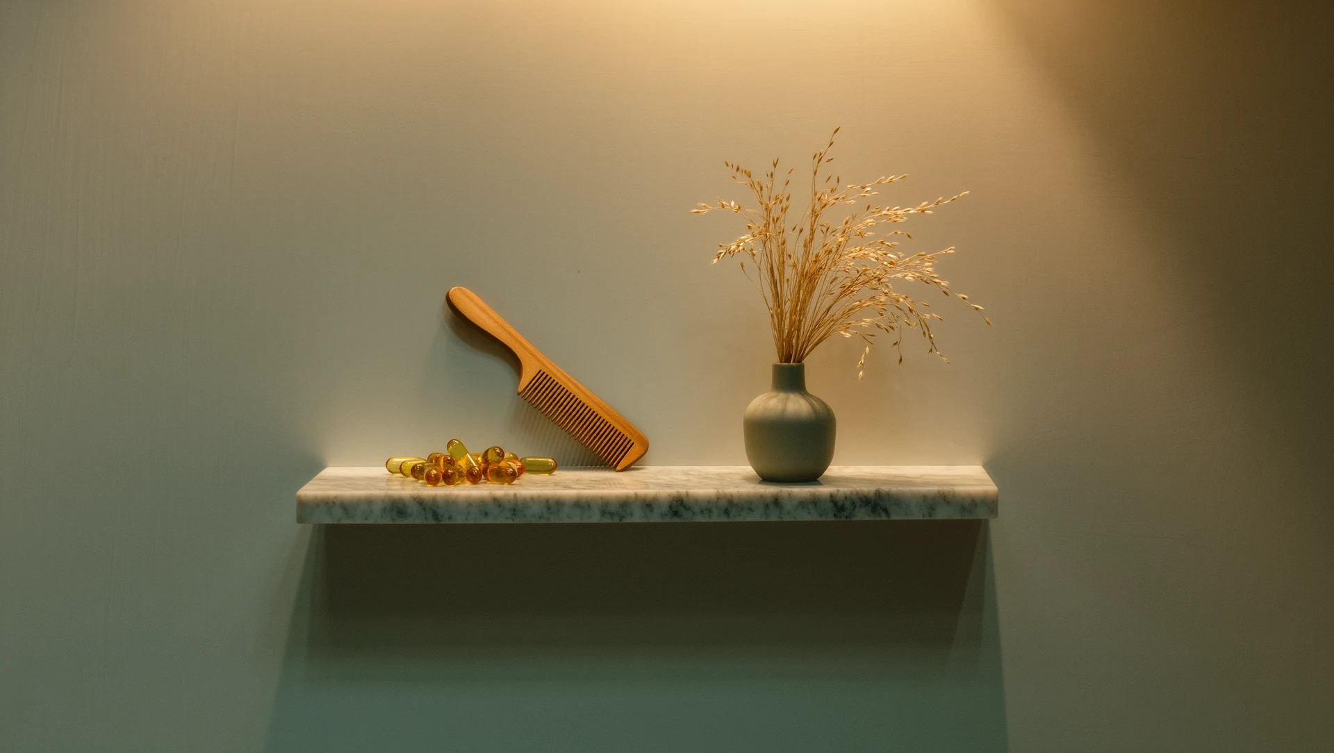 Softgel capsules and a wooden comb on a pale marble bathroom shelf beside a small vase of dried grasses, warm morning light
