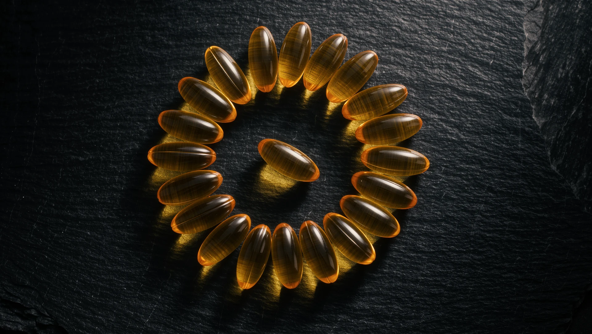 An abstract macro of golden omega-3 softgels arranged in a spiral on dark slate, warm rim light on each capsule