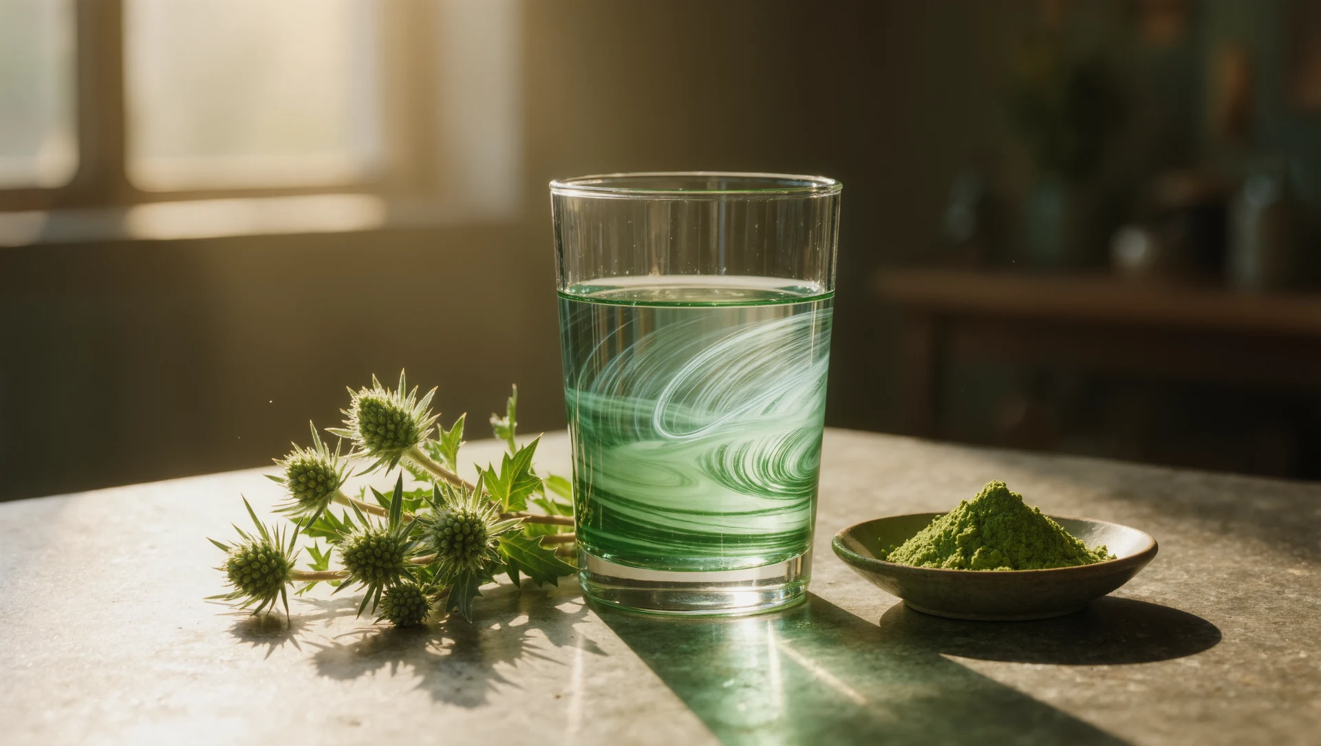 A glass of water with chlorophyll swirling into it beside milk thistle sprigs and a small dish of green powder, cool daylight
