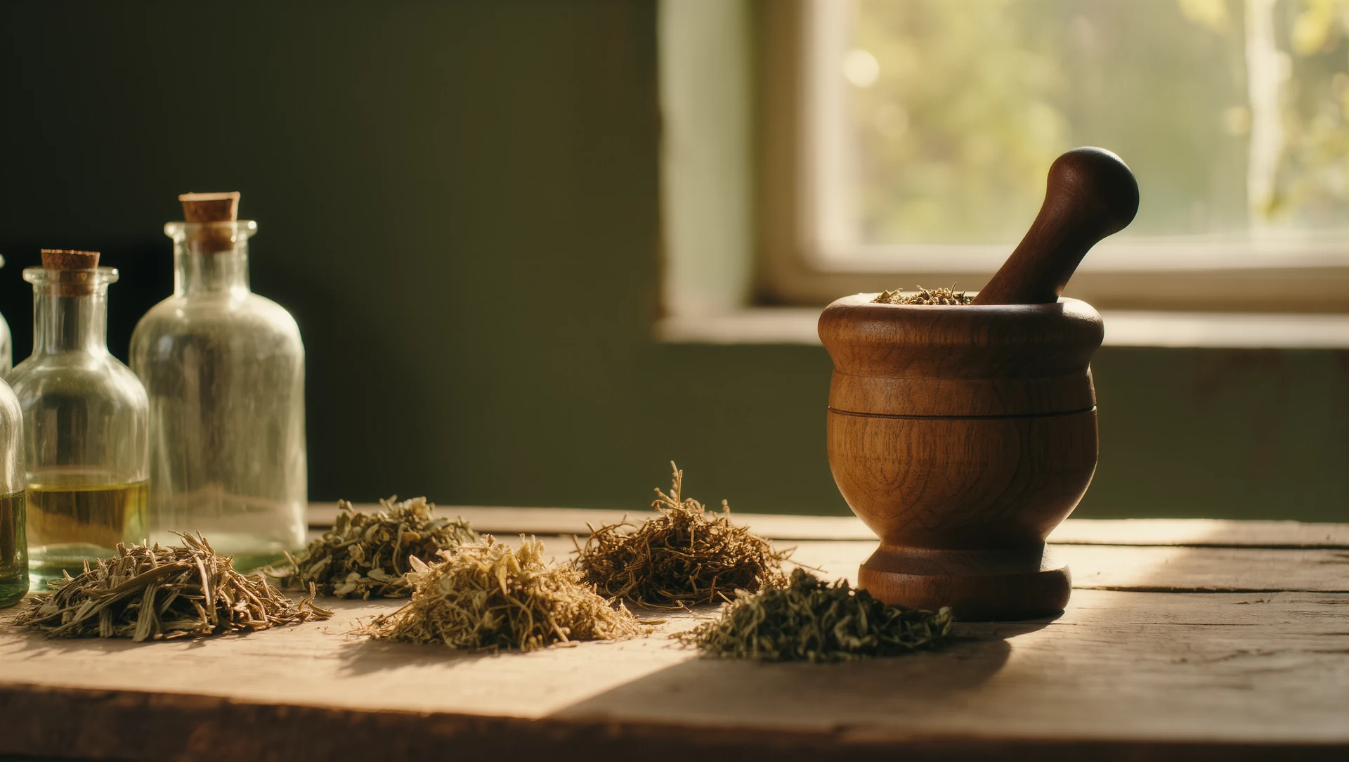A herbalist's table: dried herbs, a mortar and pestle, and glass tincture bottles in warm afternoon window light