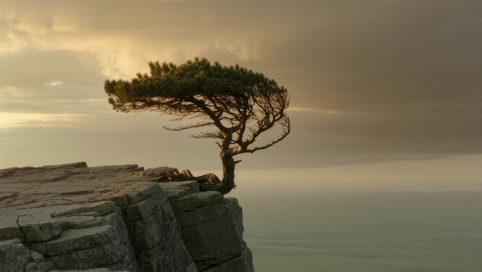 A lone wind-bent pine tree on a rocky coastal cliff under a dramatic sky, warm evening light breaking through cloud
