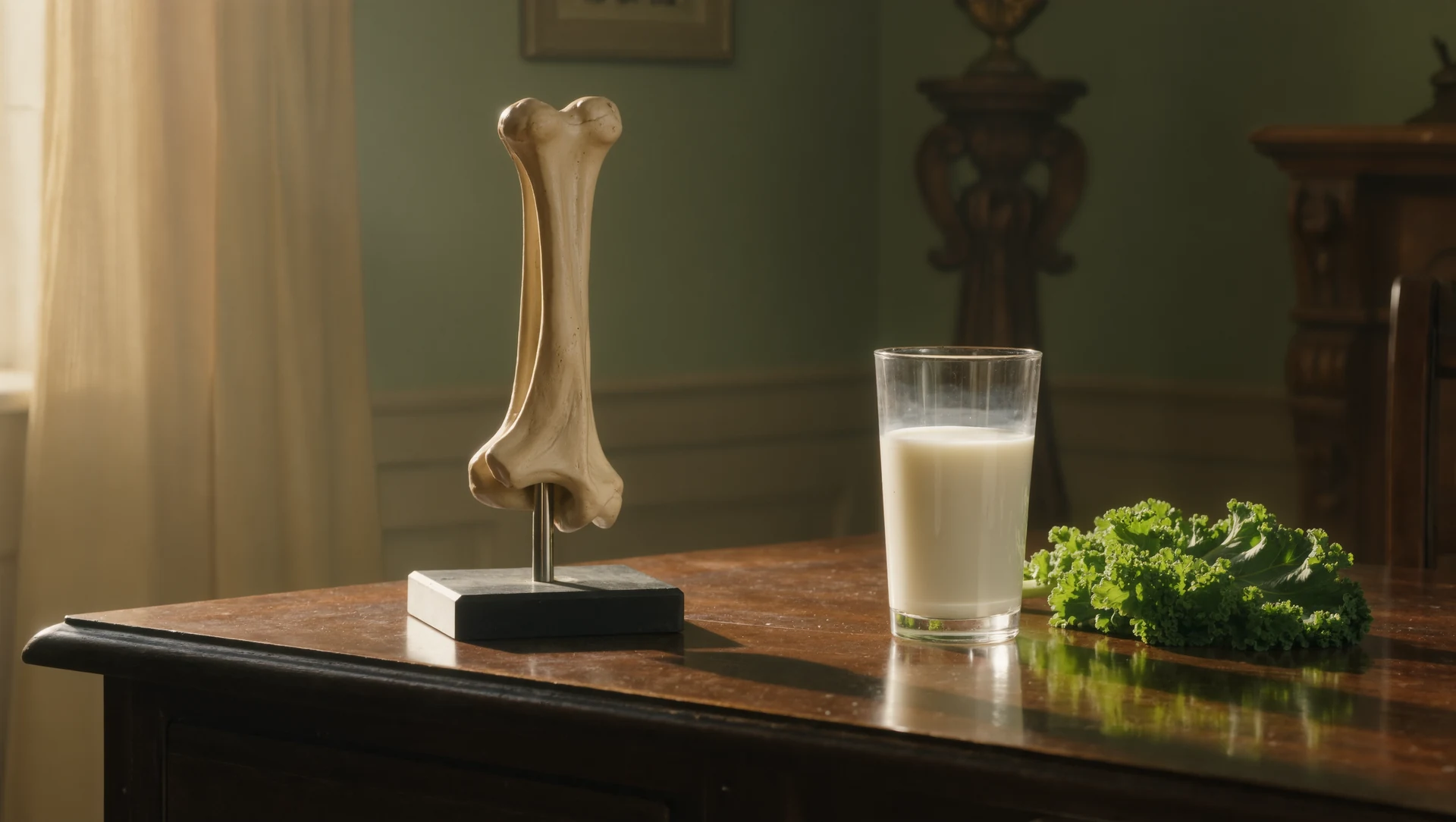 An anatomical model of a forearm bone on a dark wooden desk beside a glass of milk and a sprig of kale, dramatic side lighting