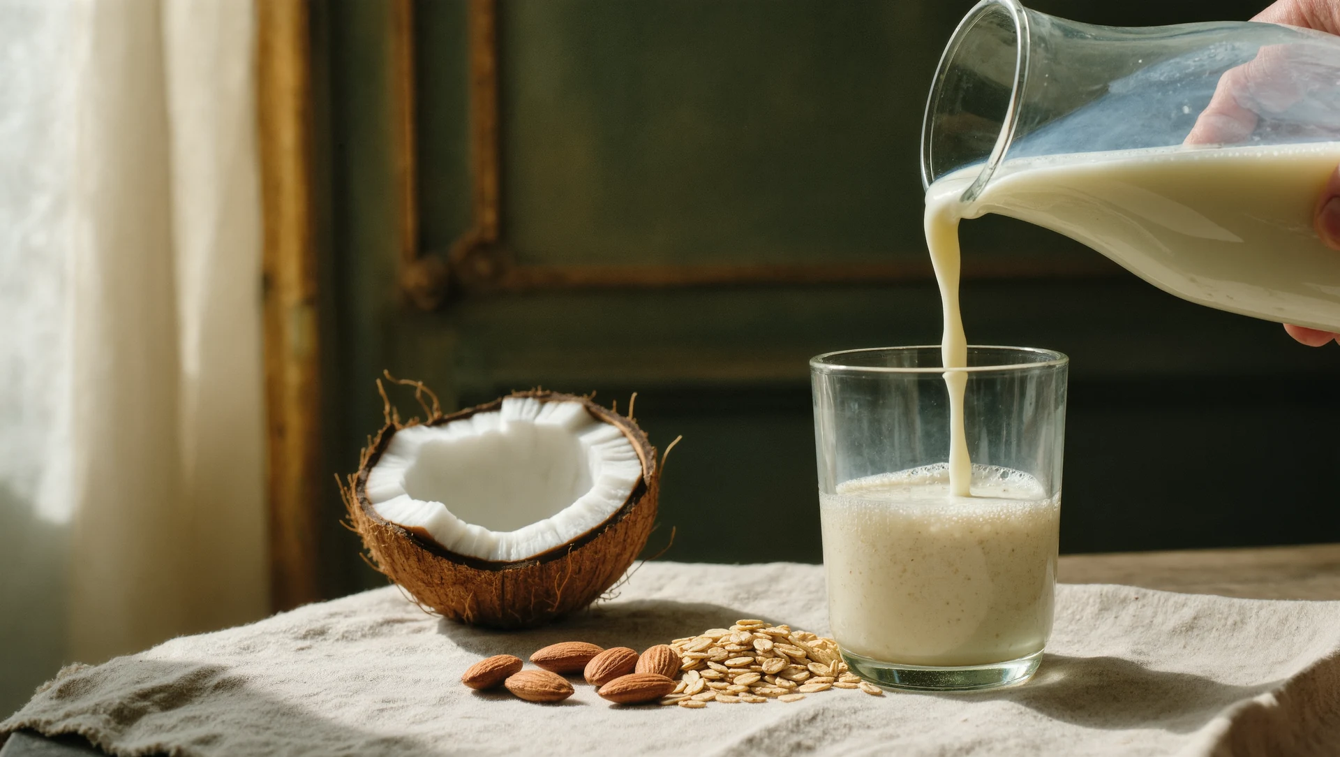 A pouring shot of oat milk into a glass beside almonds, oats and a coconut half on a pale linen cloth, soft daylight