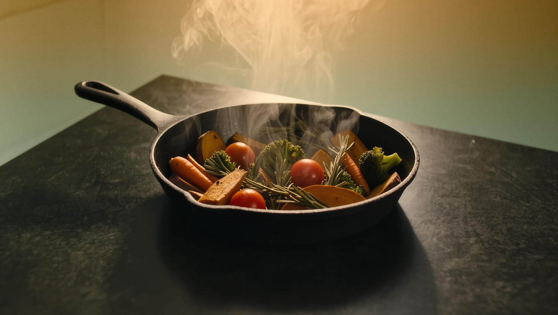 A cast iron pan of roasted vegetables and herbs fresh from the oven on a dark kitchen counter, steam rising into warm backlight
