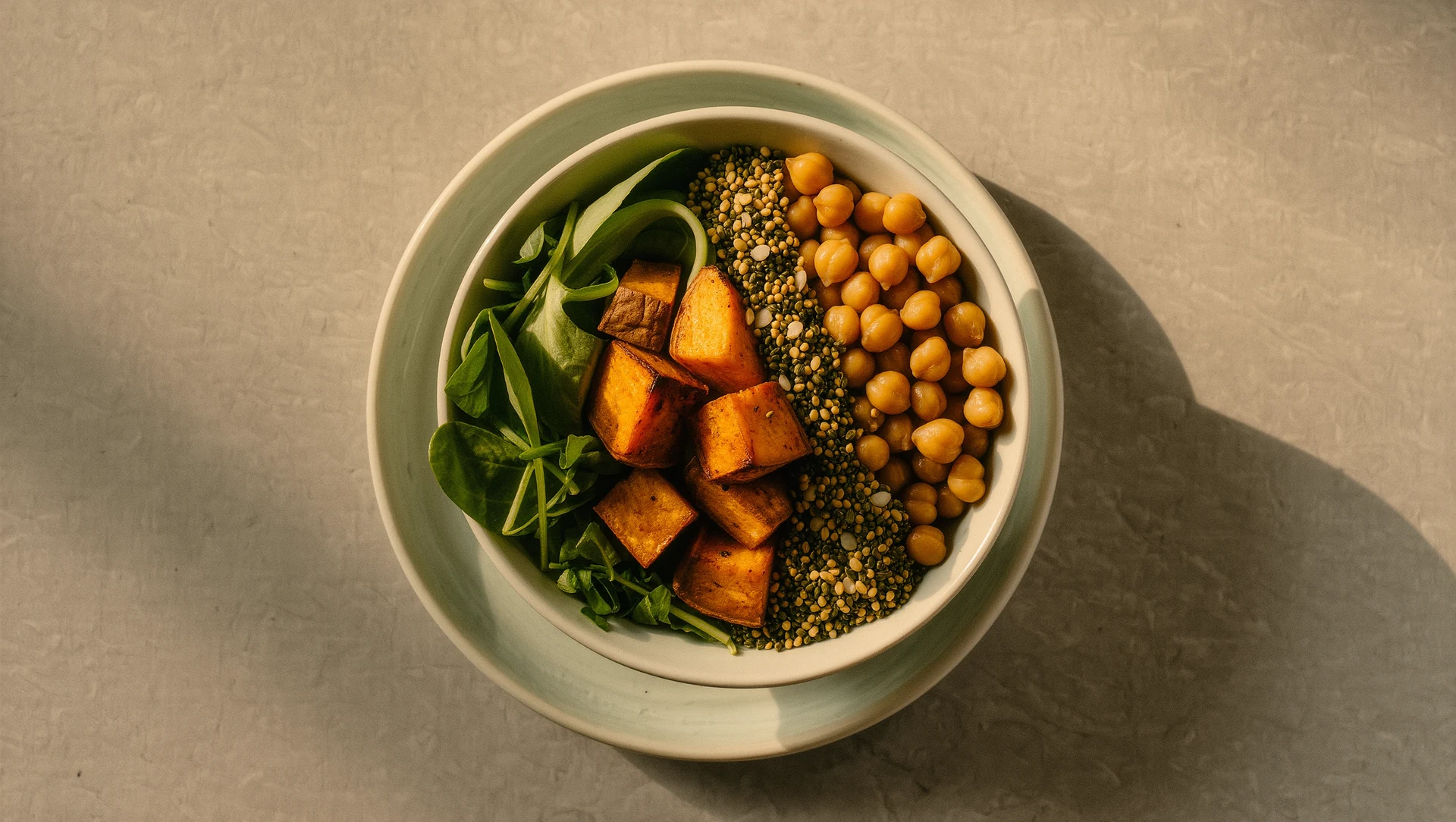 A colourful grain bowl seen from above: greens, roasted sweet potato, chickpeas and seeds, on a pale ceramic plate with soft shadows