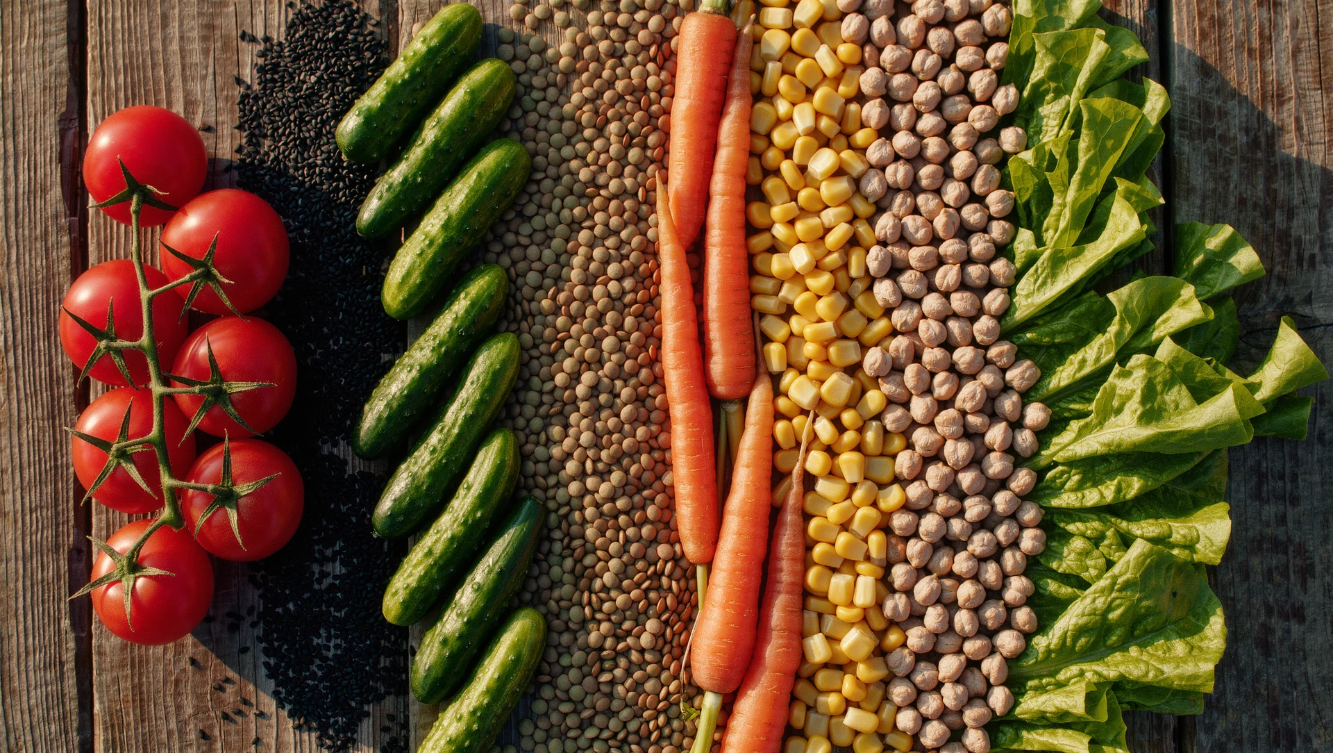 An abundant overhead spread of raw vegetables, pulses, seeds and leafy greens arranged by colour on weathered wood, deep shadows
