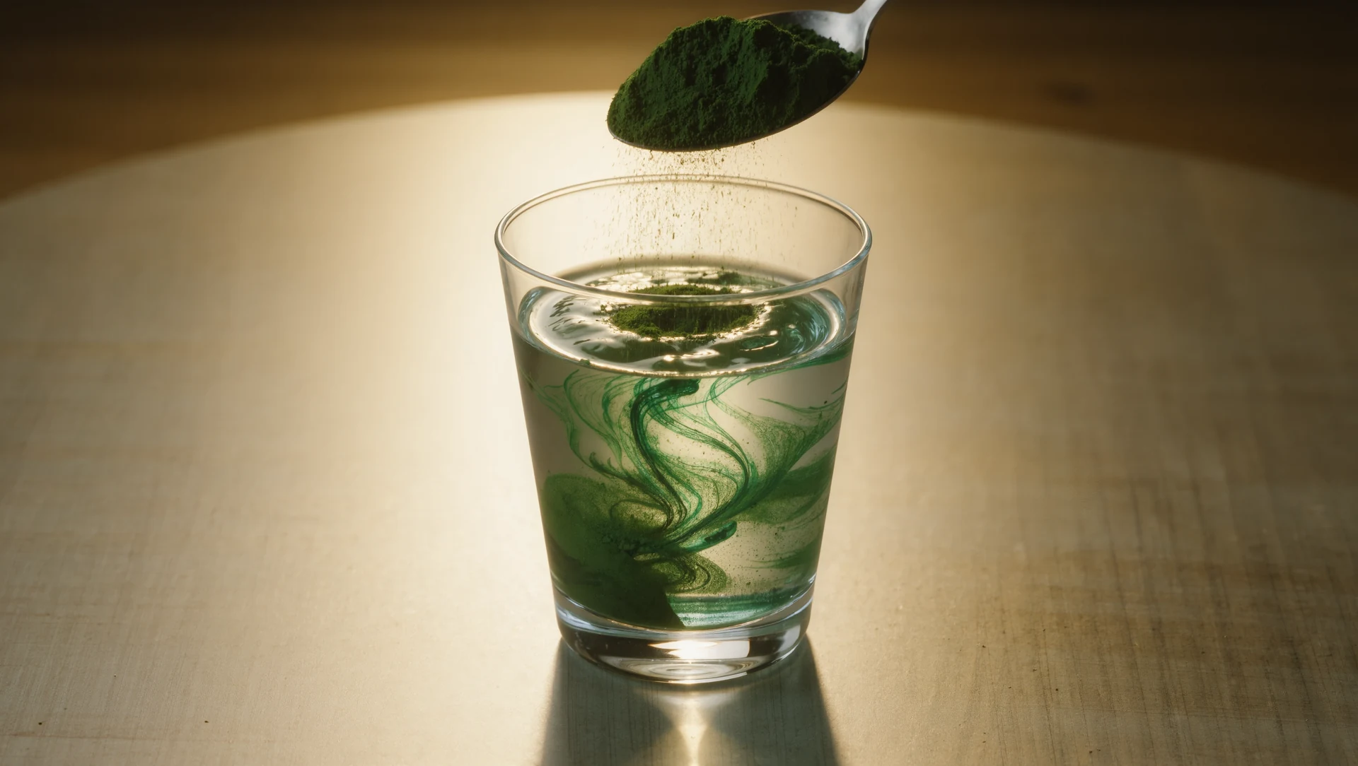 A spoon of deep green chlorella powder over a glass of water, green swirls dispersing, sunlight from behind creating a glow
