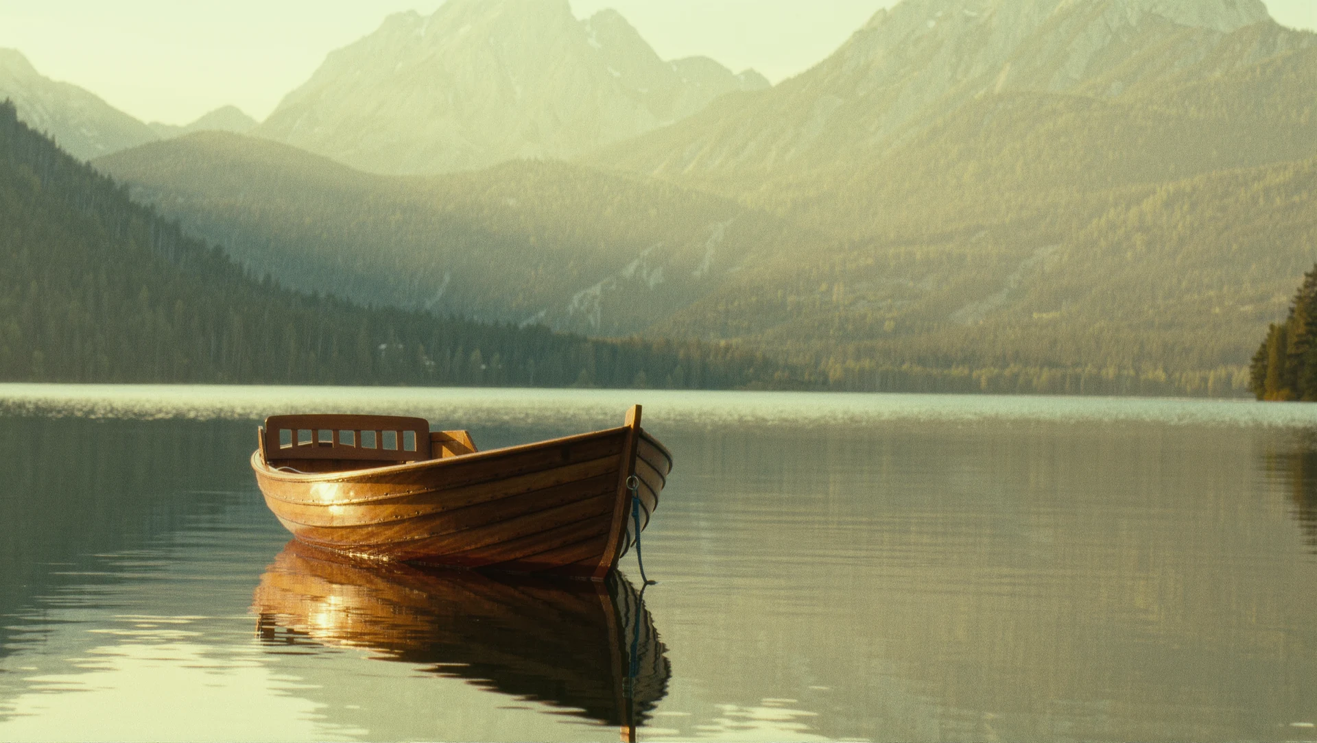A wooden rowing boat moored on a still lake at sunrise, mountains soft in the mist beyond, warm light on the water