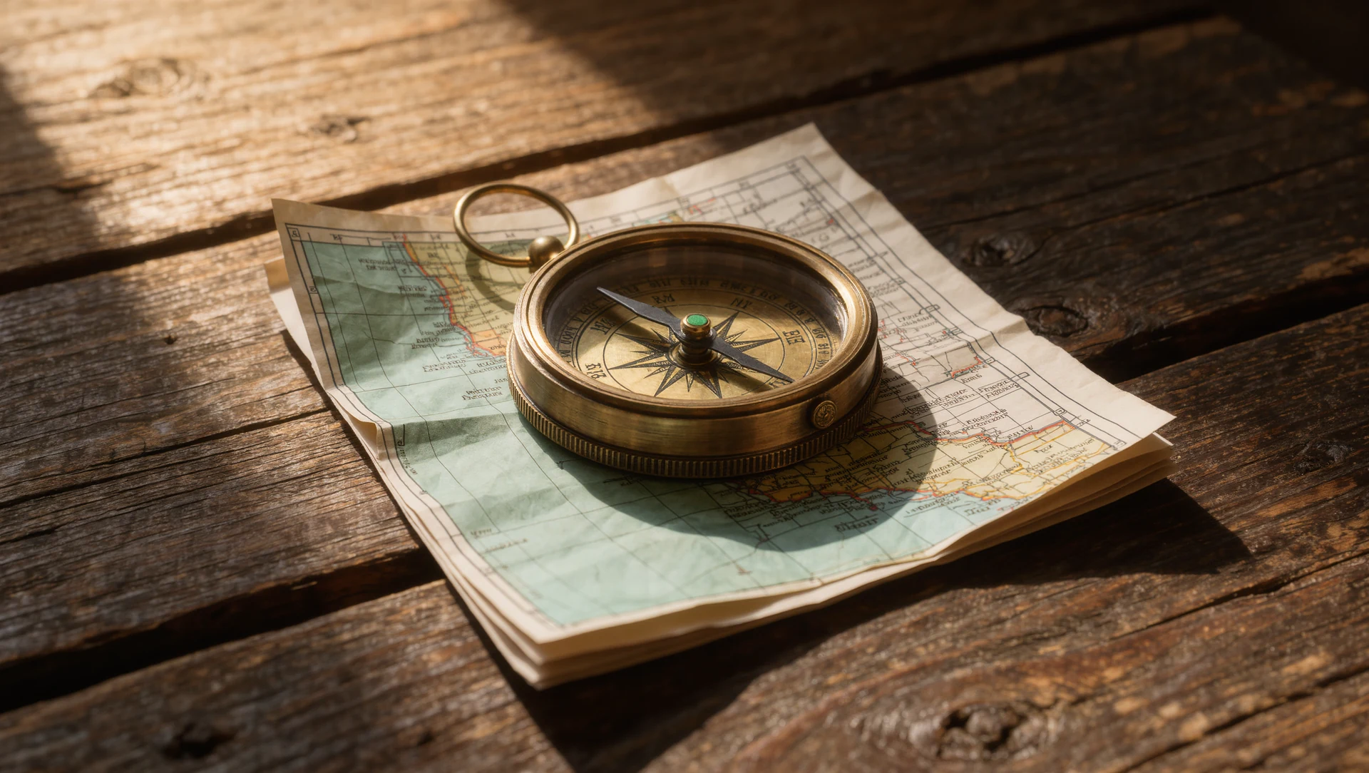 A brass compass resting on a folded paper map on weathered wood, warm low sunlight across the surface