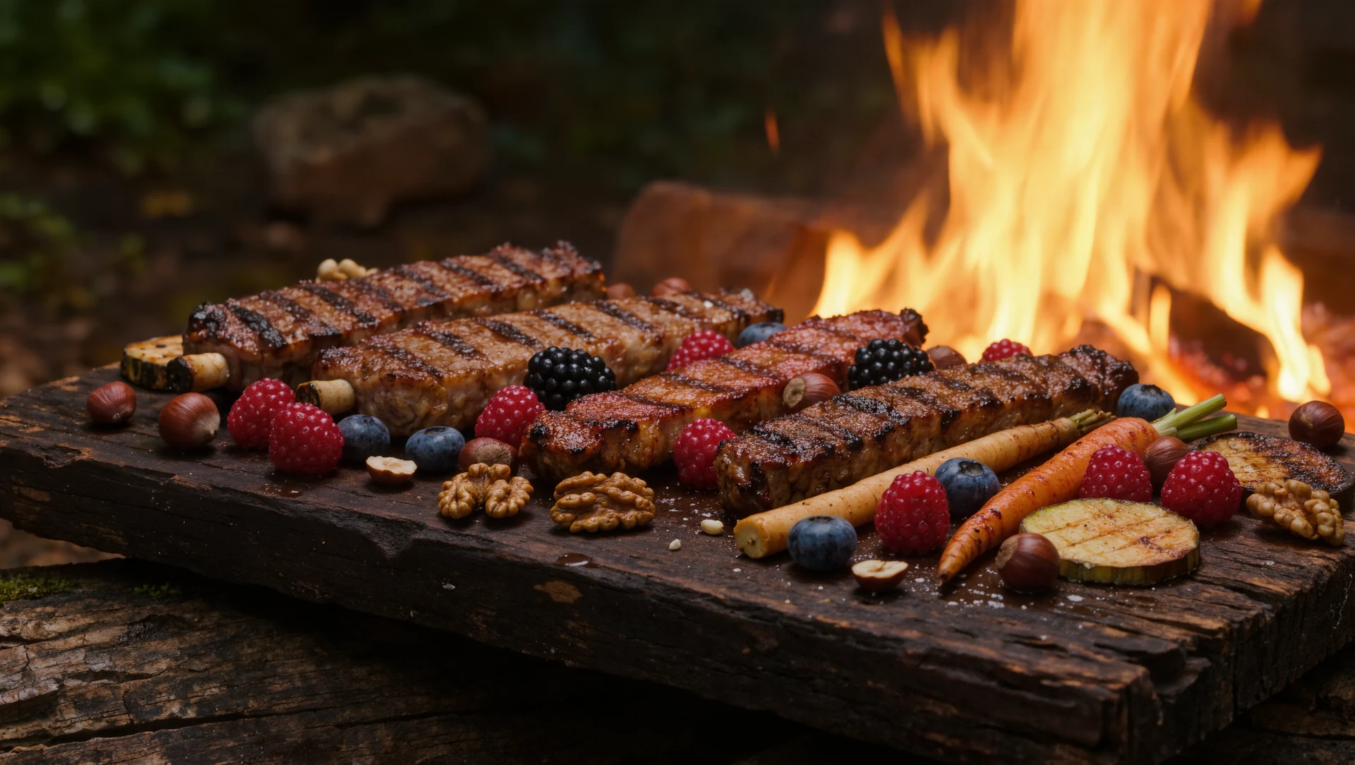 A rugged wooden board with grilled meat, foraged berries, nuts and root vegetables, lit by the warm flicker of an open fire