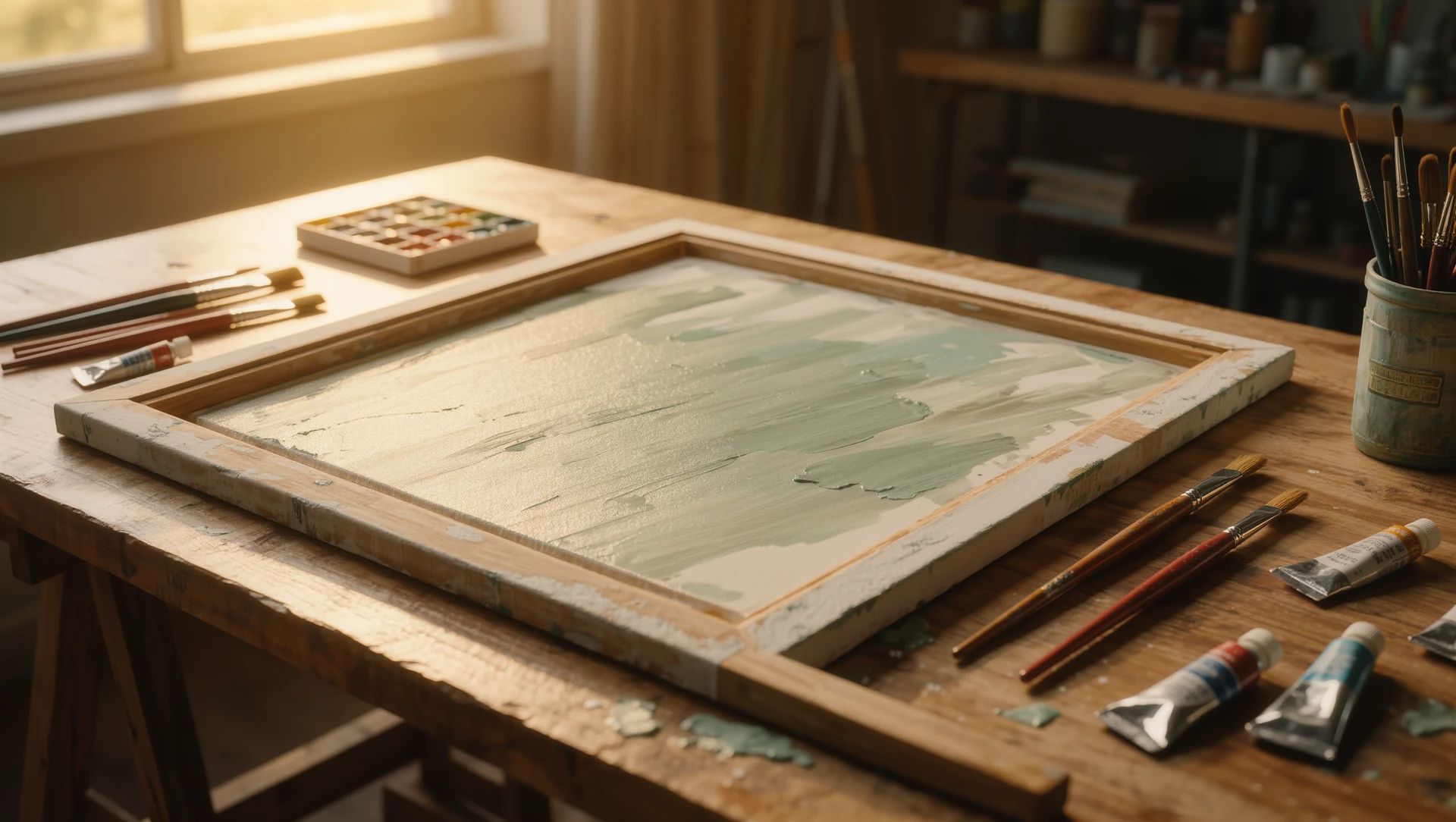 An artist's table with brushes, open paint tubes and a half-finished abstract canvas, warm studio light from a tall window