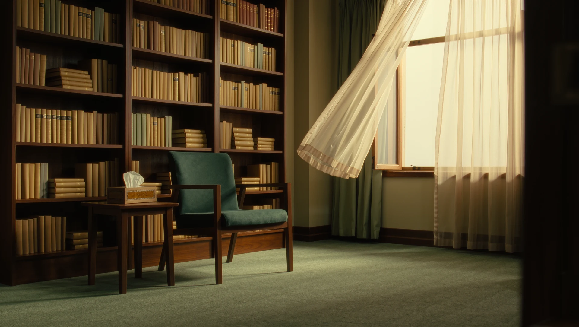 A softly lit consulting room with a bookshelf, a tissue box on a side table and an open window with sheer curtains moving