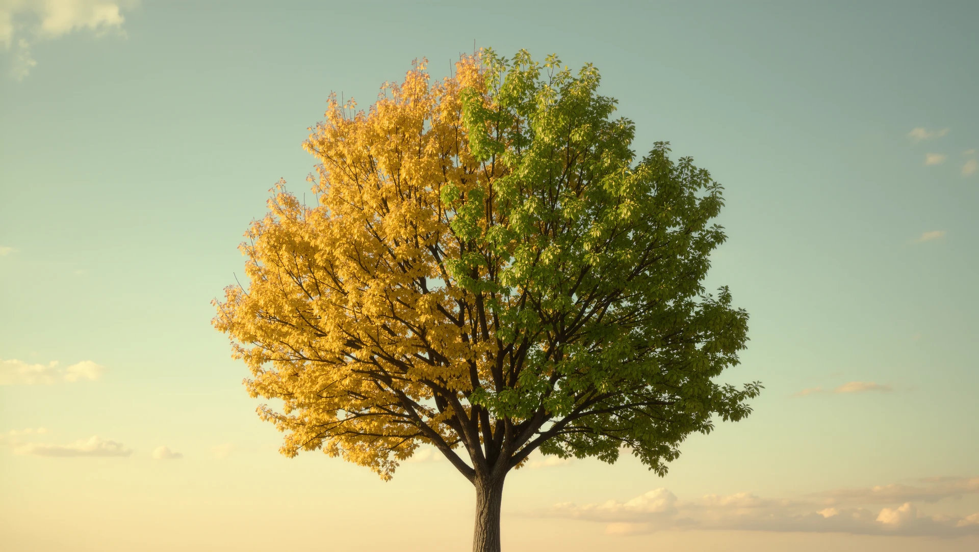 A single tree photographed against a plain sky, half its leaves autumn gold and half fresh green, soft warm light