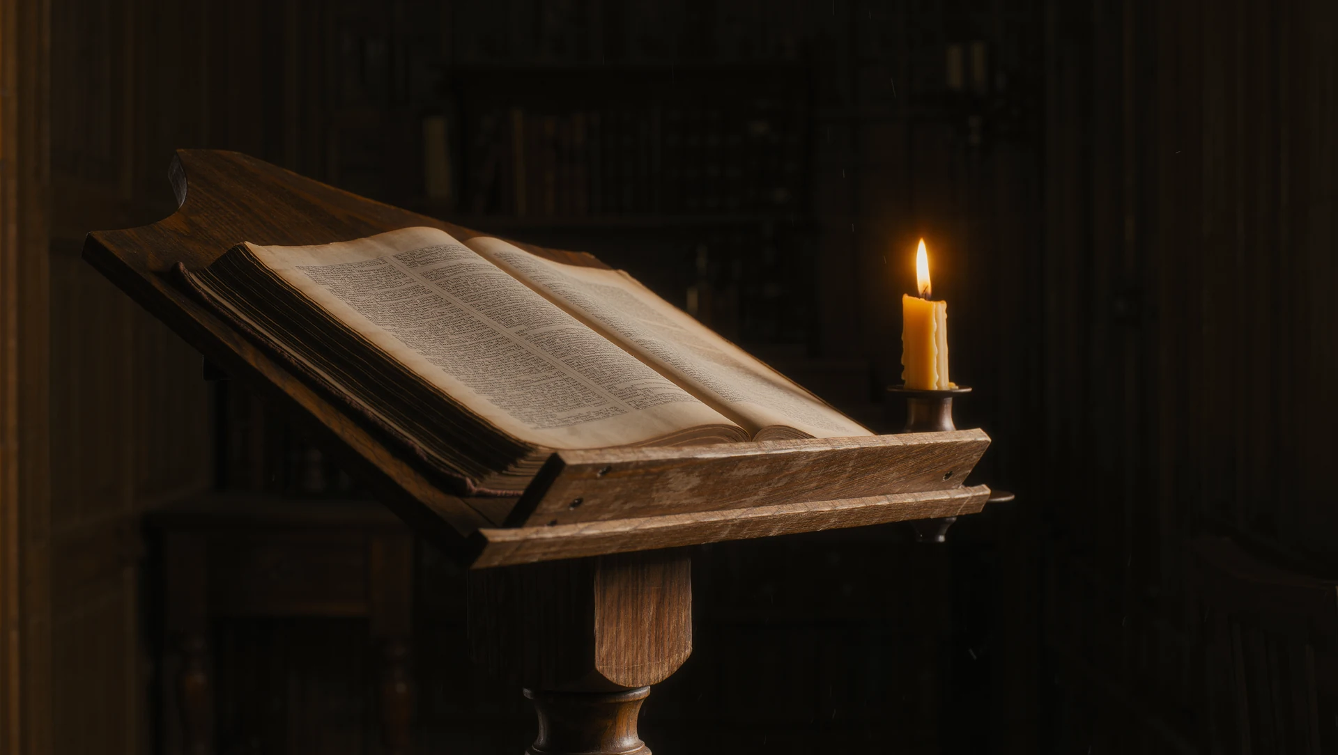 An old open book on a wooden lectern beside a burning beeswax candle, warm light on the worn pages, dark room
