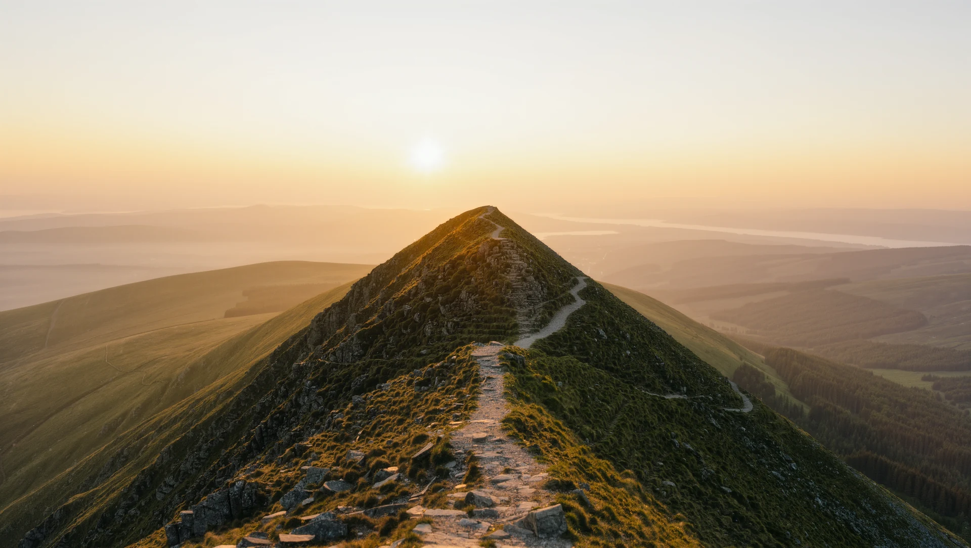 A mountain summit path at sunrise seen from behind, warm light spilling over the ridge into the valley below