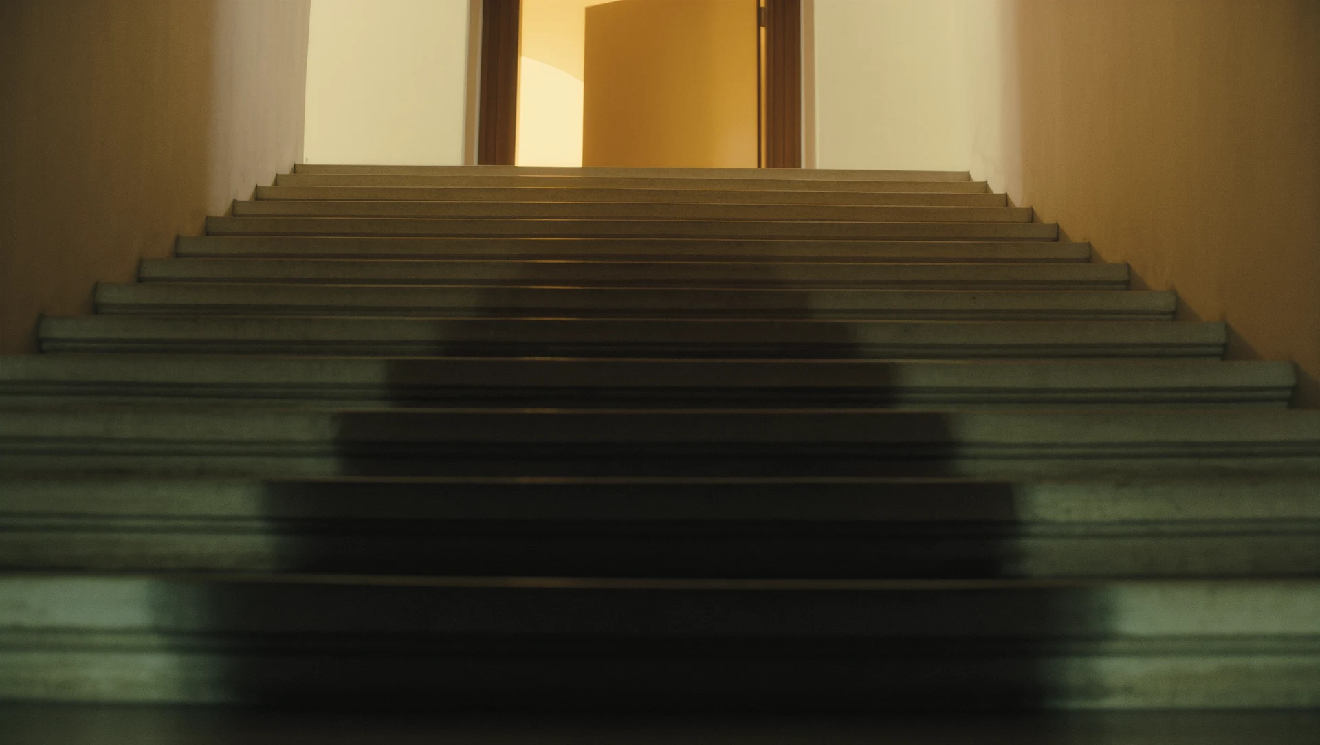 A wide staircase of pale stone rising toward an open doorway filled with warm light, deep shadow in the foreground