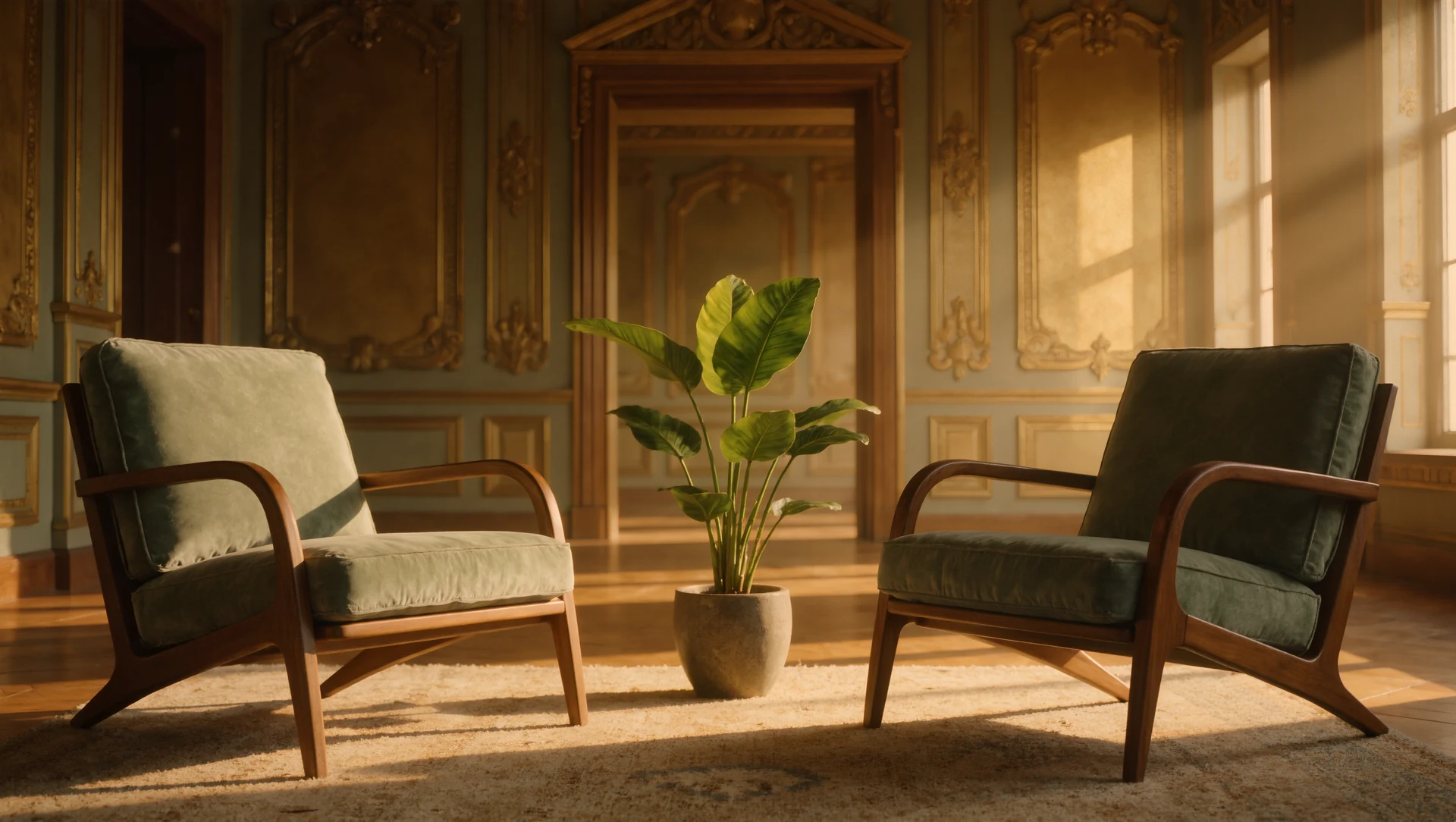 Two empty armchairs facing each other in a warmly lit room with a plant and a soft rug between them, late afternoon light