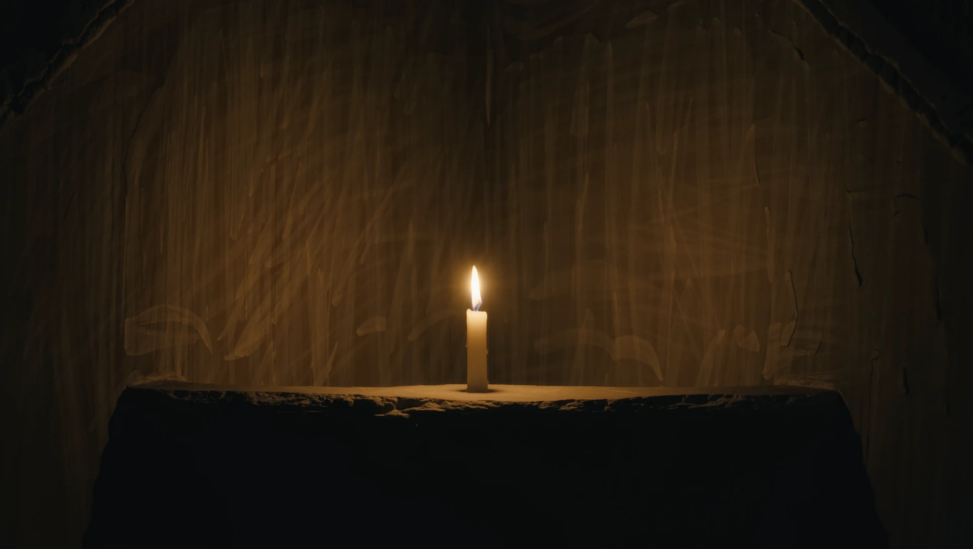 A single lit candle on a stone ledge in a dim room, warm flame glow against deep shadow and bare plaster