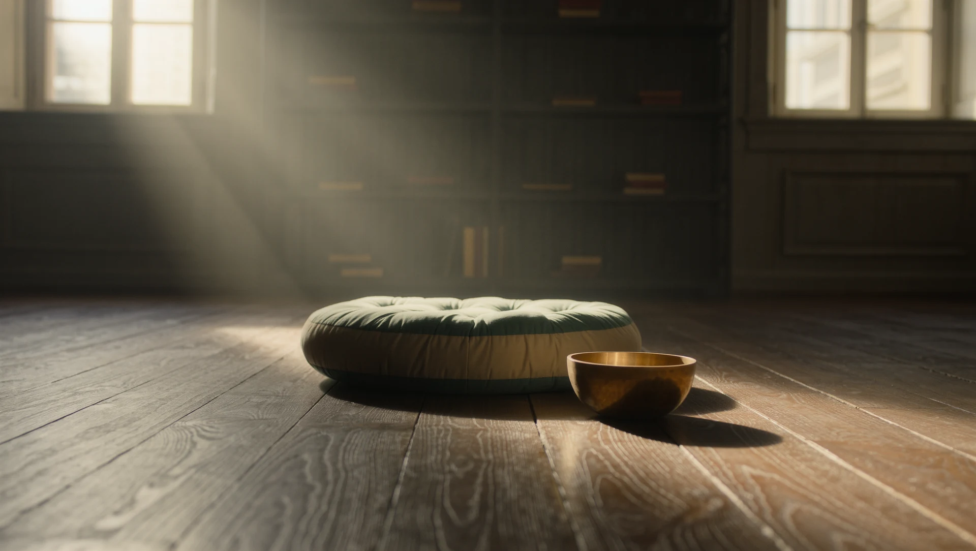 A meditation cushion on a bare wooden floor in an empty room, one shaft of warm light and a small brass singing bowl beside it