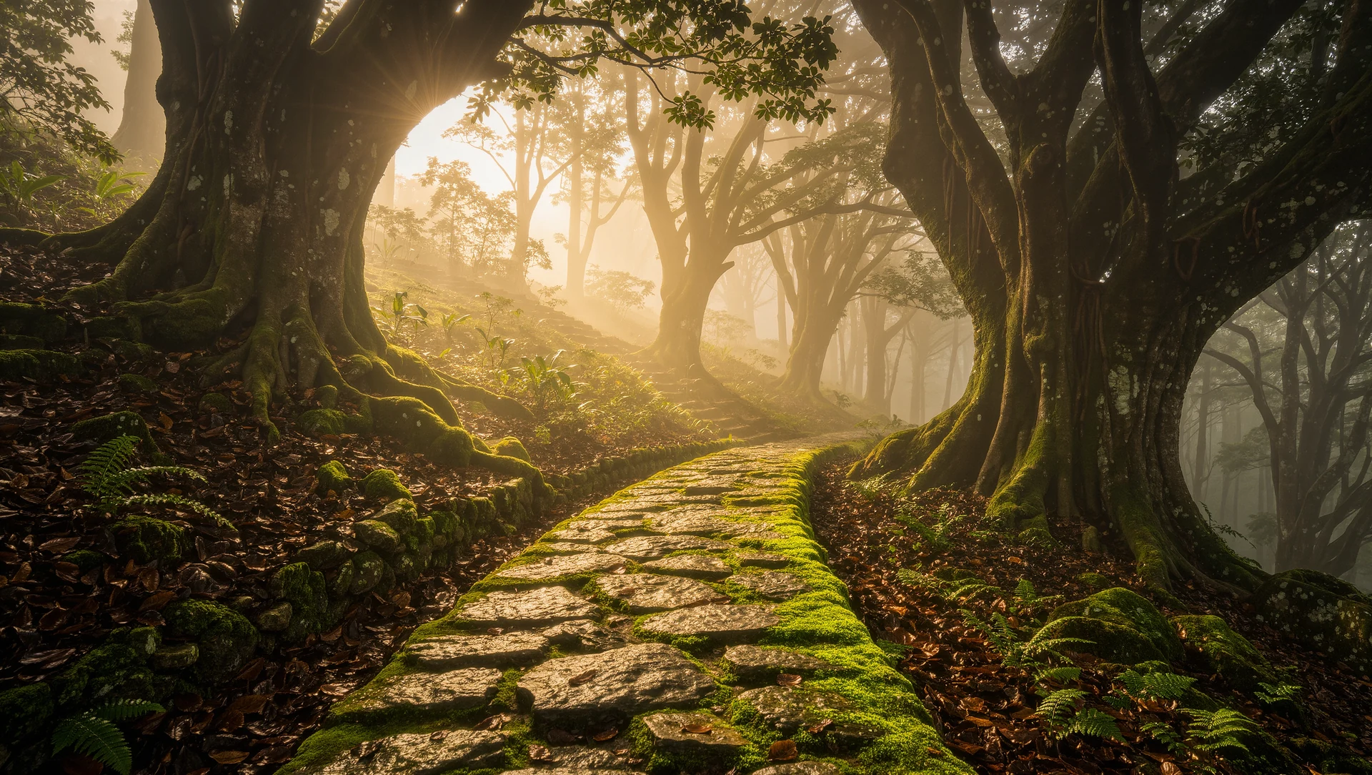 A stone path winding through morning mist in an ancient forest, warm sun breaking through the canopy ahead