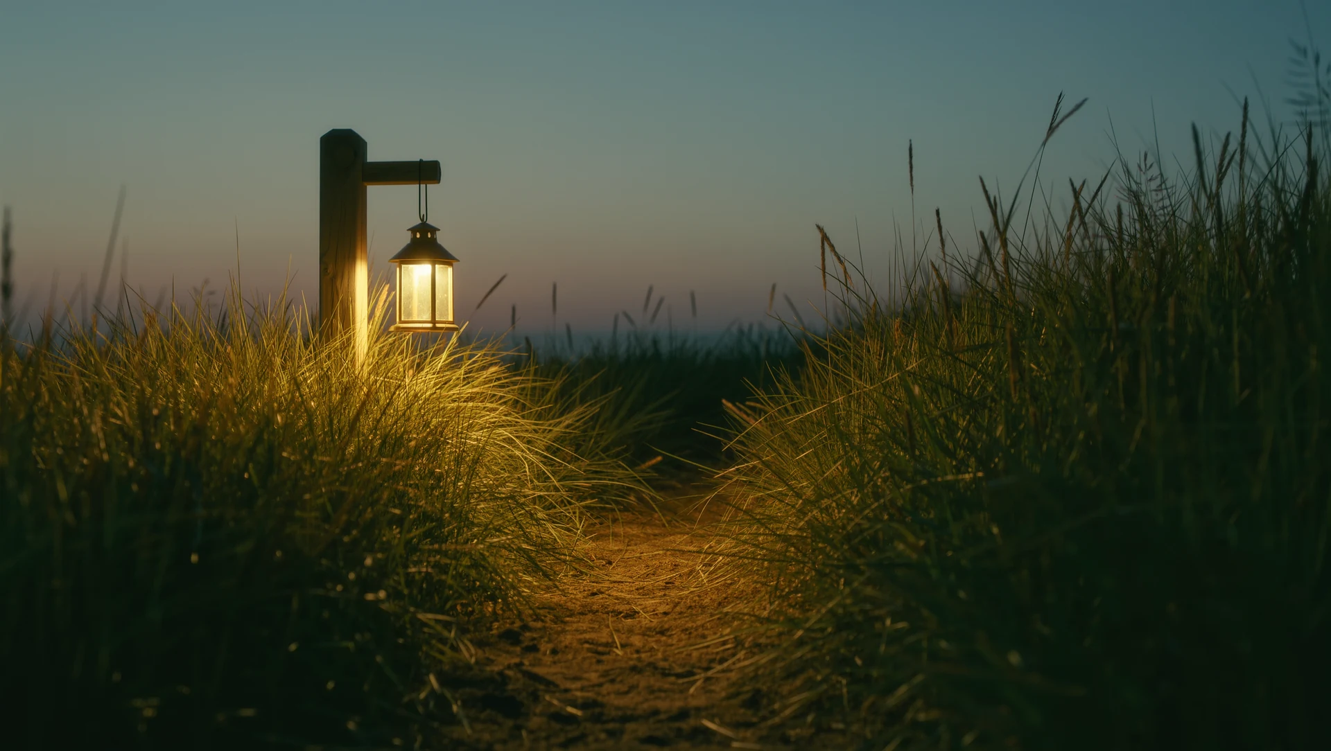 A lantern hanging from a wooden post at dusk lighting a narrow path through tall grass, warm glow against blue twilight