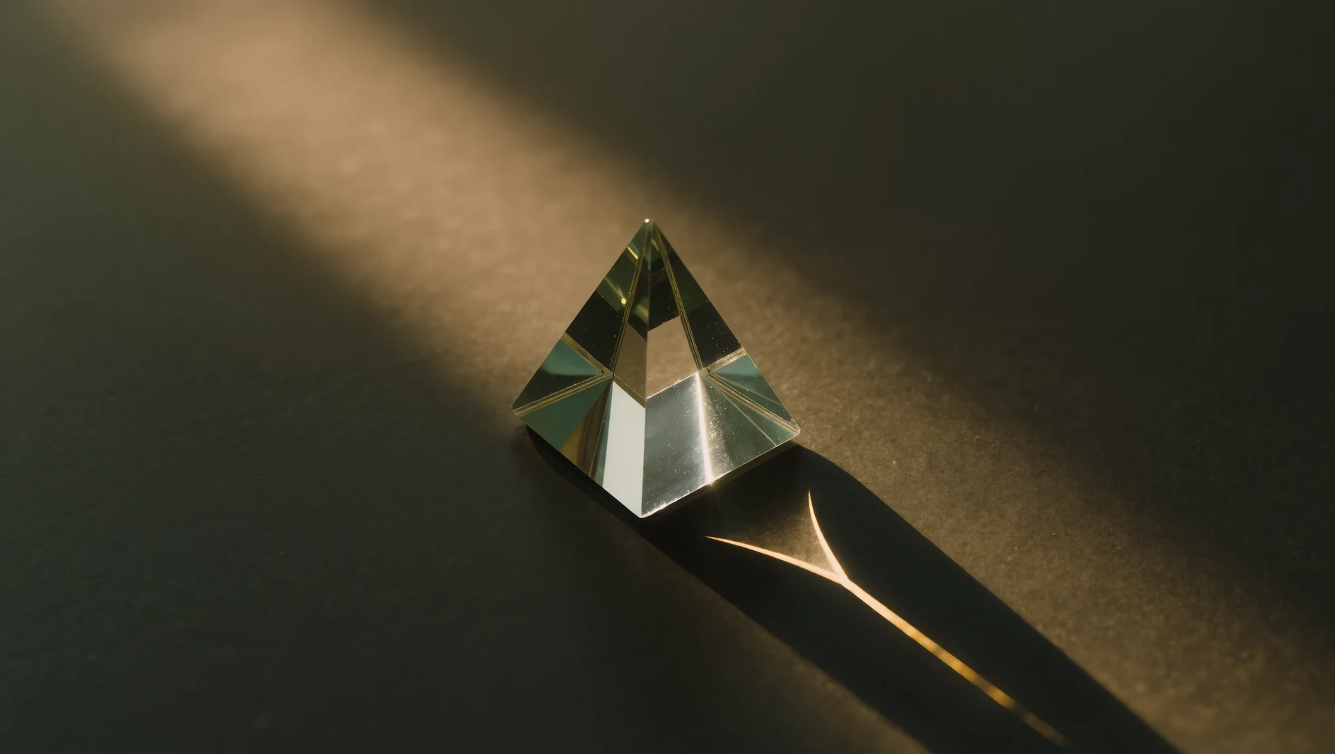 An abstract close-up of golden light refracting through a glass prism onto a dark surface, clean geometric beams