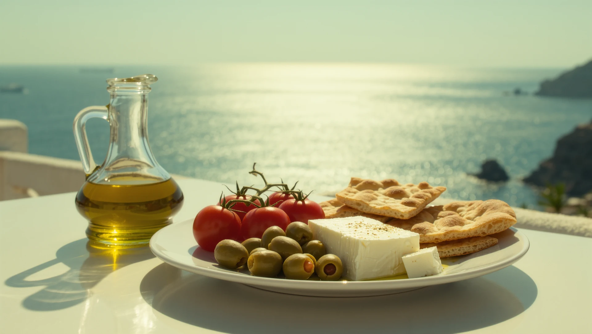 A sunlit coastal terrace table: olives, tomatoes, feta, flatbread and a carafe of olive oil, sea visible soft and blurred beyond