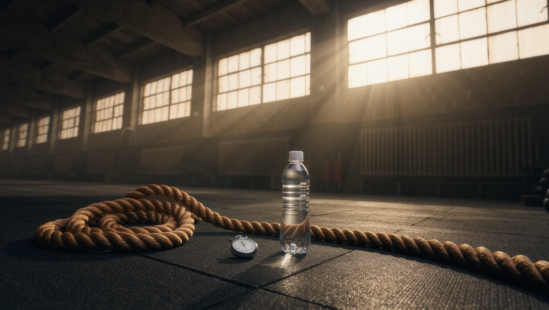 An empty gym at dawn: a battle rope coiled on rubber flooring, a stopwatch and a water bottle, hard shafts of light through high windows