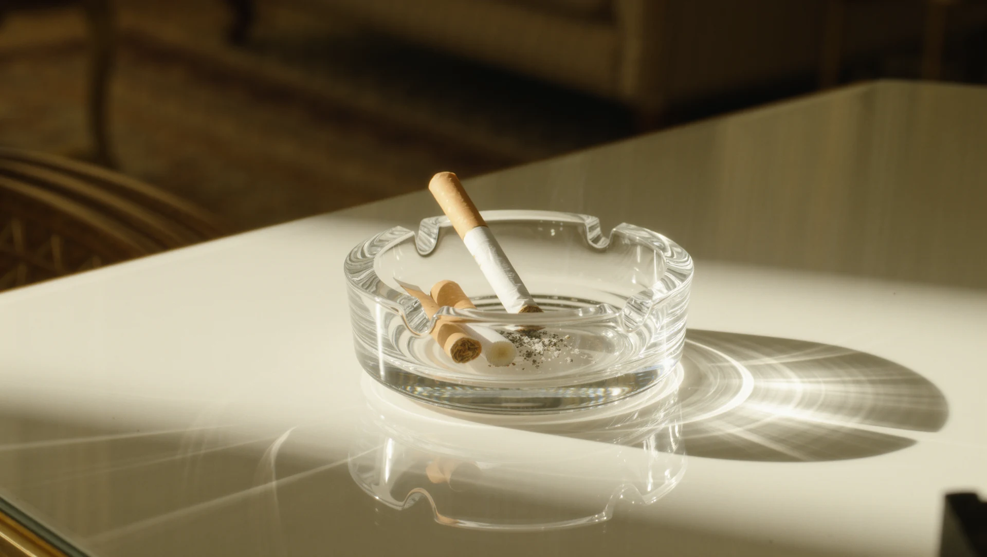 A snapped cigarette and a crumpled packet in a clean glass ashtray on a white table, hard morning light and a sharp shadow