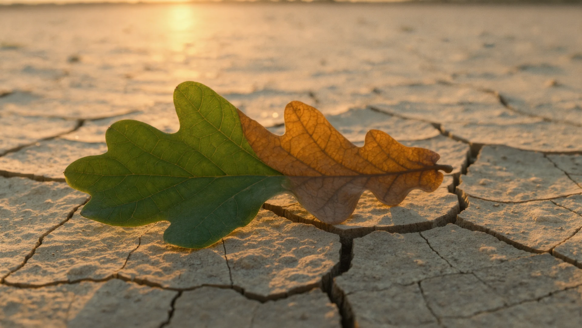 A single weathered oak leaf resting on cracked dry earth, one half still deep green, warm low sun raking across the surface