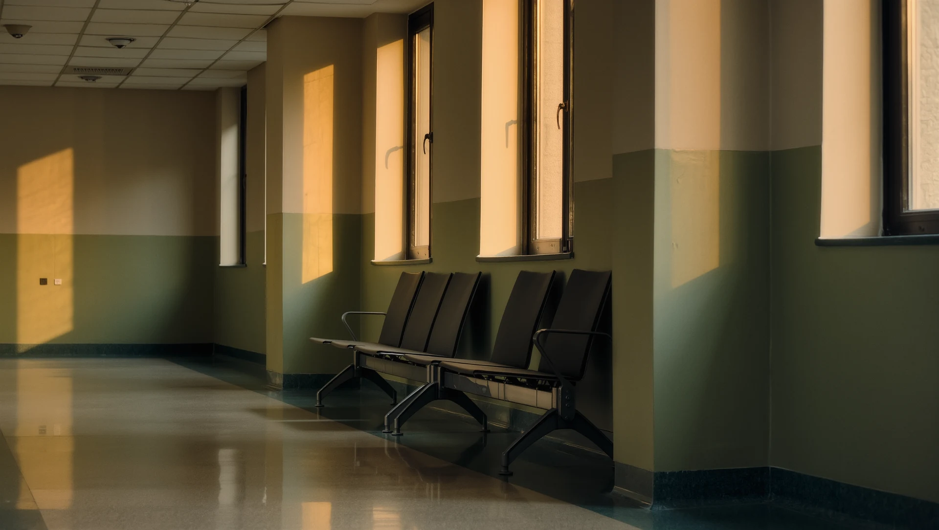 A quiet hospital corridor with warm evening light through tall windows and a row of empty waiting chairs