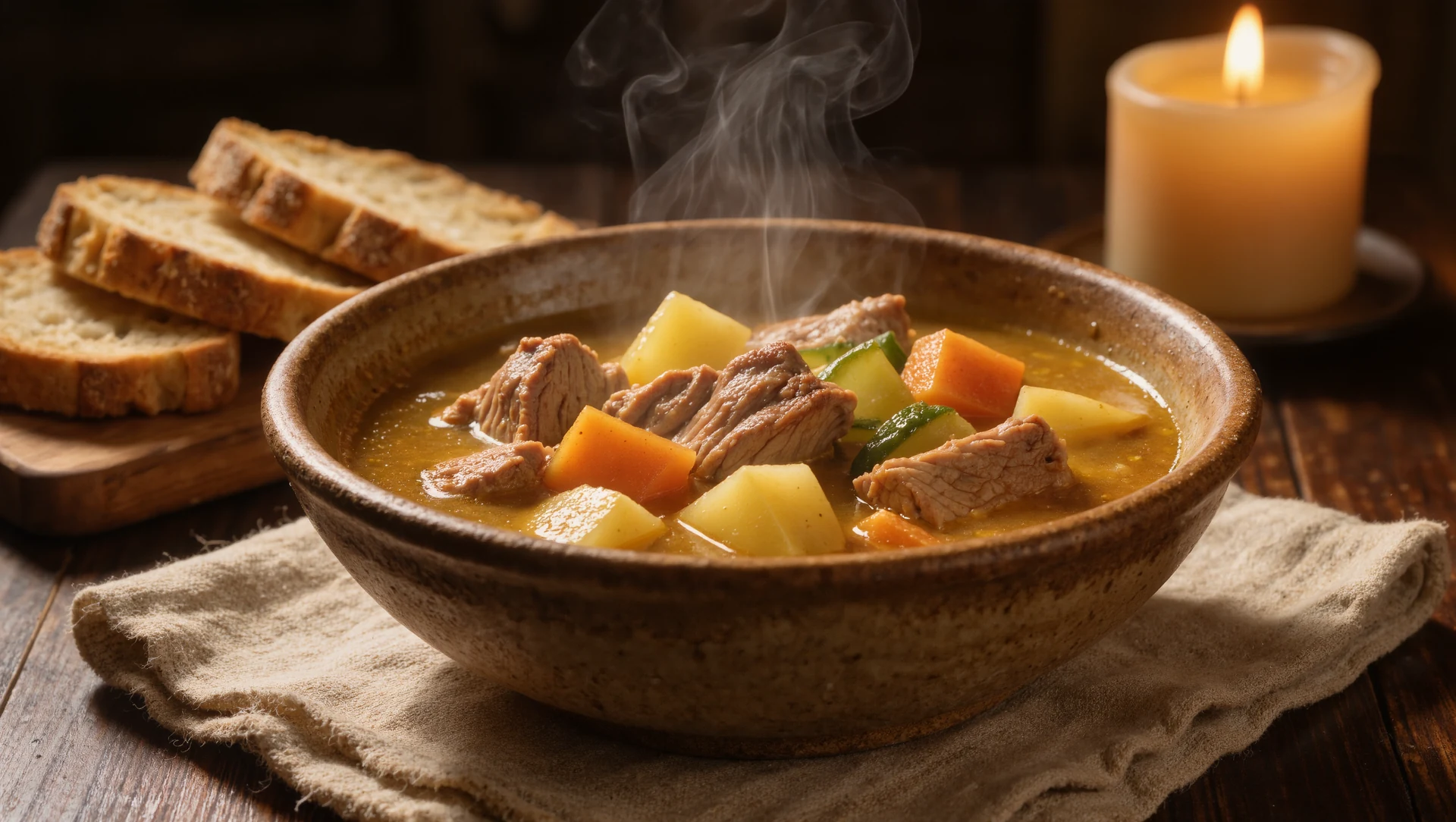 A rustic ceramic bowl of slow-cooked stew with crusty bread on a linen napkin, candlelight and deep warm shadows