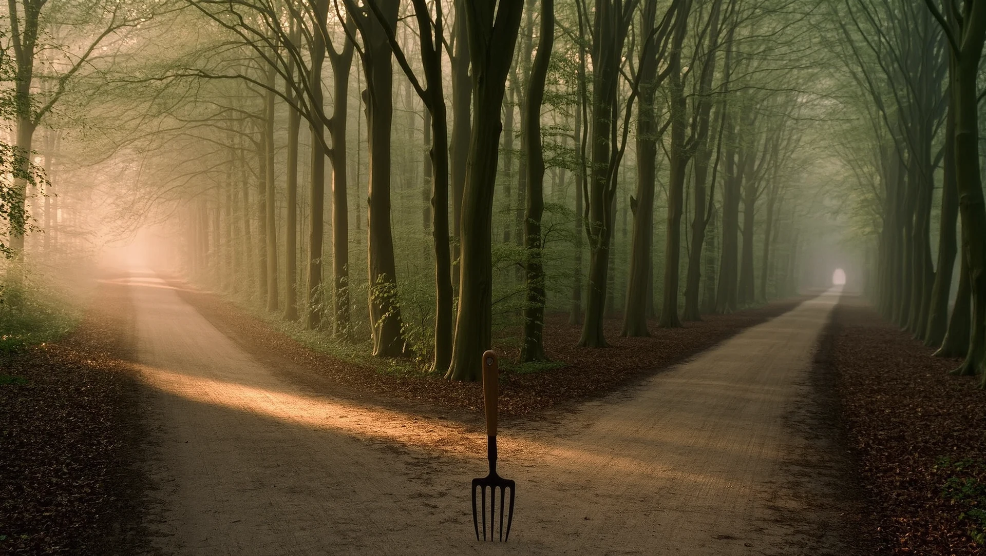 A fork in a woodland path at dawn, mist between the trees and warm light falling on one of the two routes