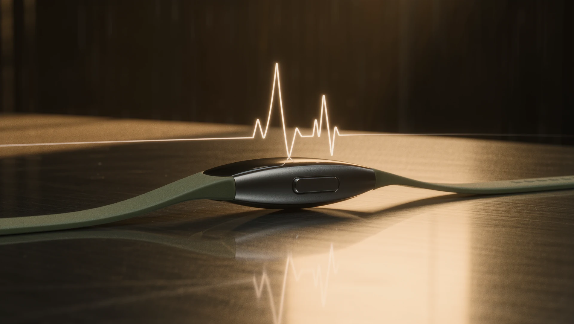 A sleek modern medical wearable resting on brushed steel, a faint holographic pulse line of light arcing above it in a darkened room