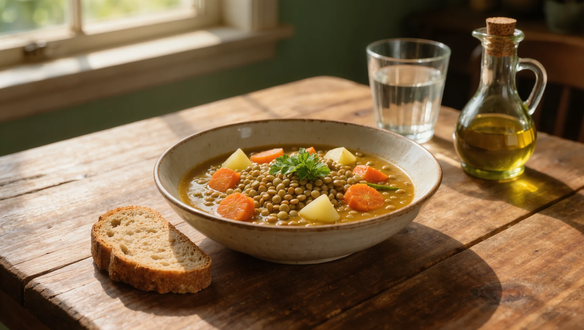 A rustic table set for one: a bowl of lentil and vegetable stew, wholegrain bread, olive oil and a glass of