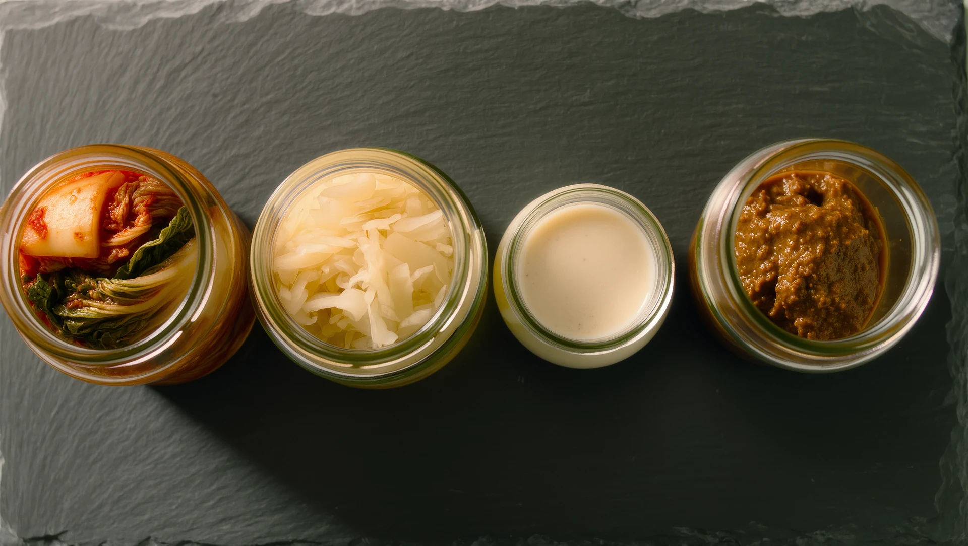 An overhead arrangement of fermented foods in glass jars: kimchi, sauerkraut, kefir and miso, on a dark slate surface with warm side light