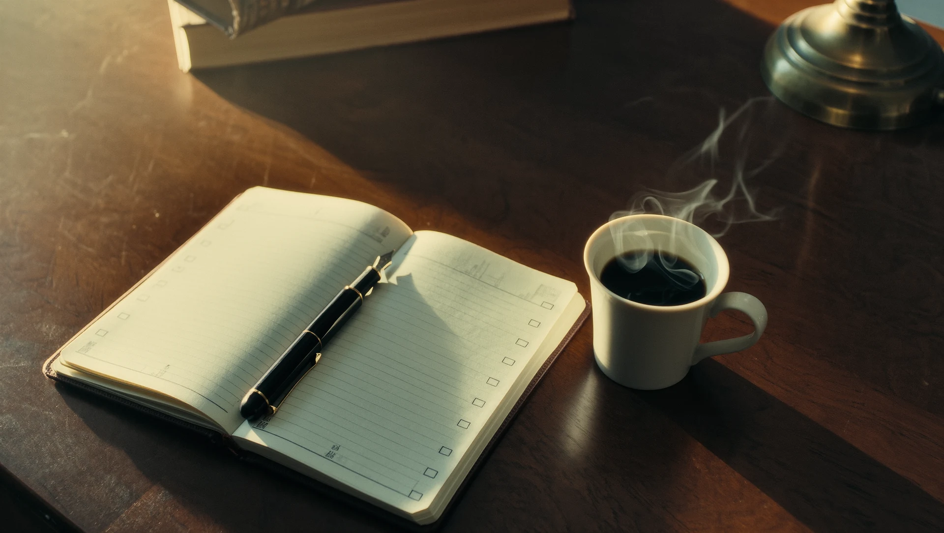 An open planner with hand-drawn blank checkboxes, a fountain pen and a cup of coffee on a dark wooden desk, warm morning light