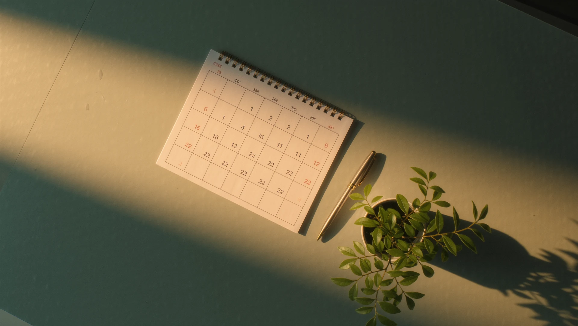 A wall calendar with rows of blank squares beside a pen and a small potted plant, soft directional light casting long shadows