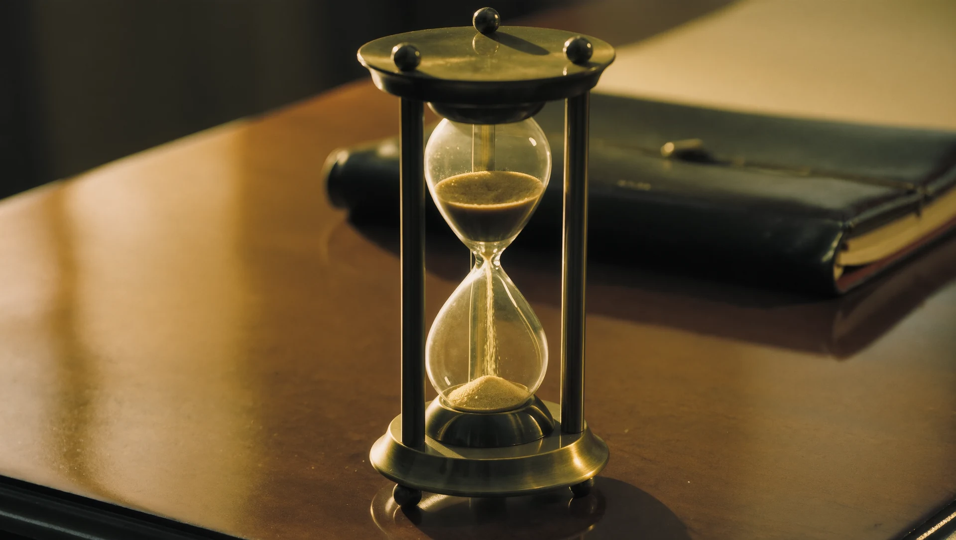 A vintage brass hourglass on a desk with sand falling, warm backlight and a blurred notebook behind it