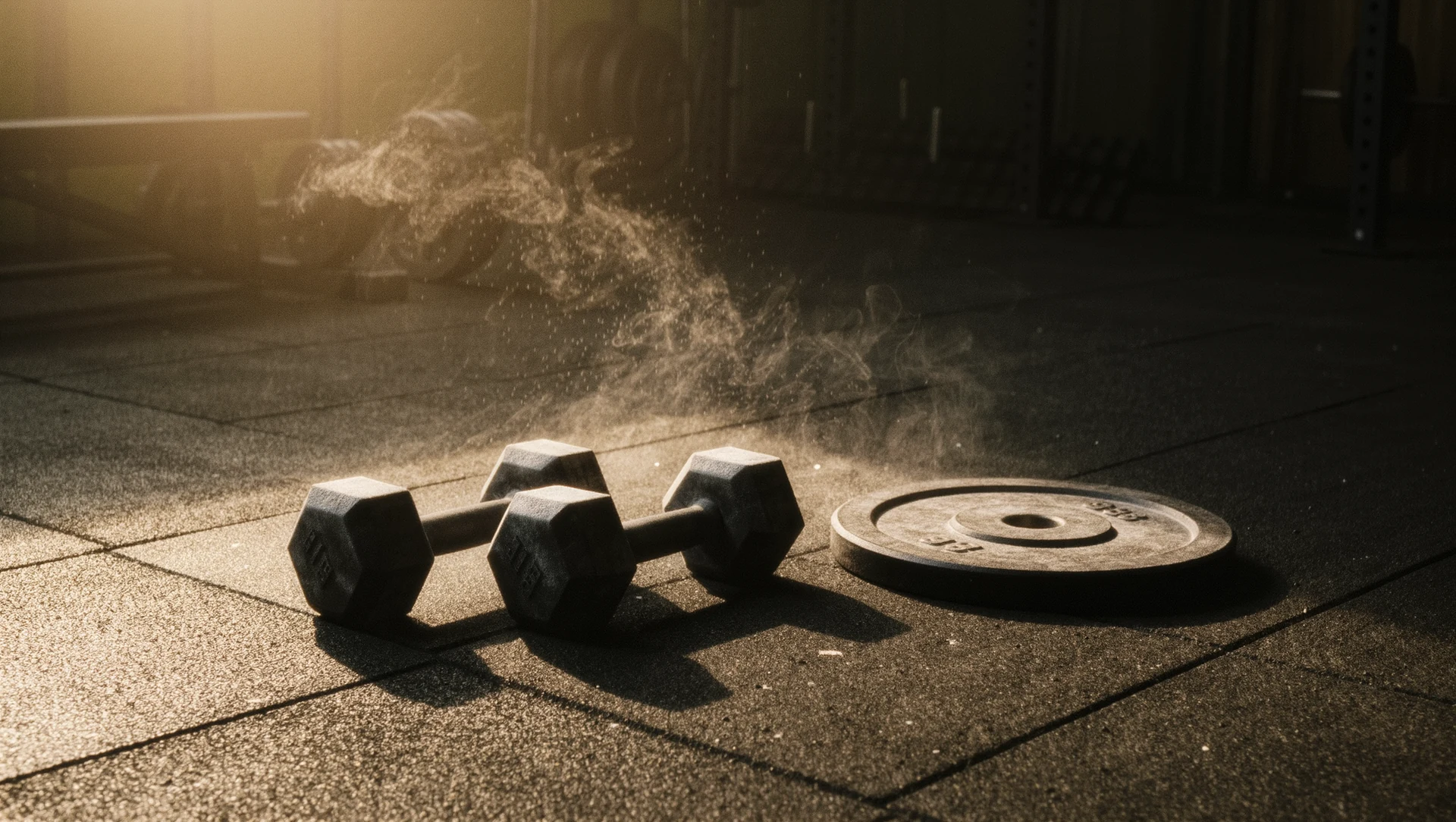 Chalked dumbbells and a weight plate on a dark rubber floor, dust hanging in a beam of hard side light