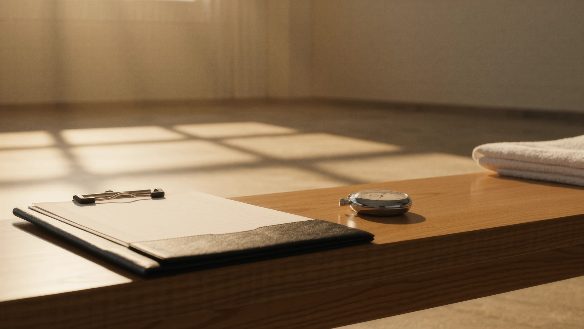 A training clipboard, stopwatch and towel on a bench in an empty studio, soft morning light and long shadows