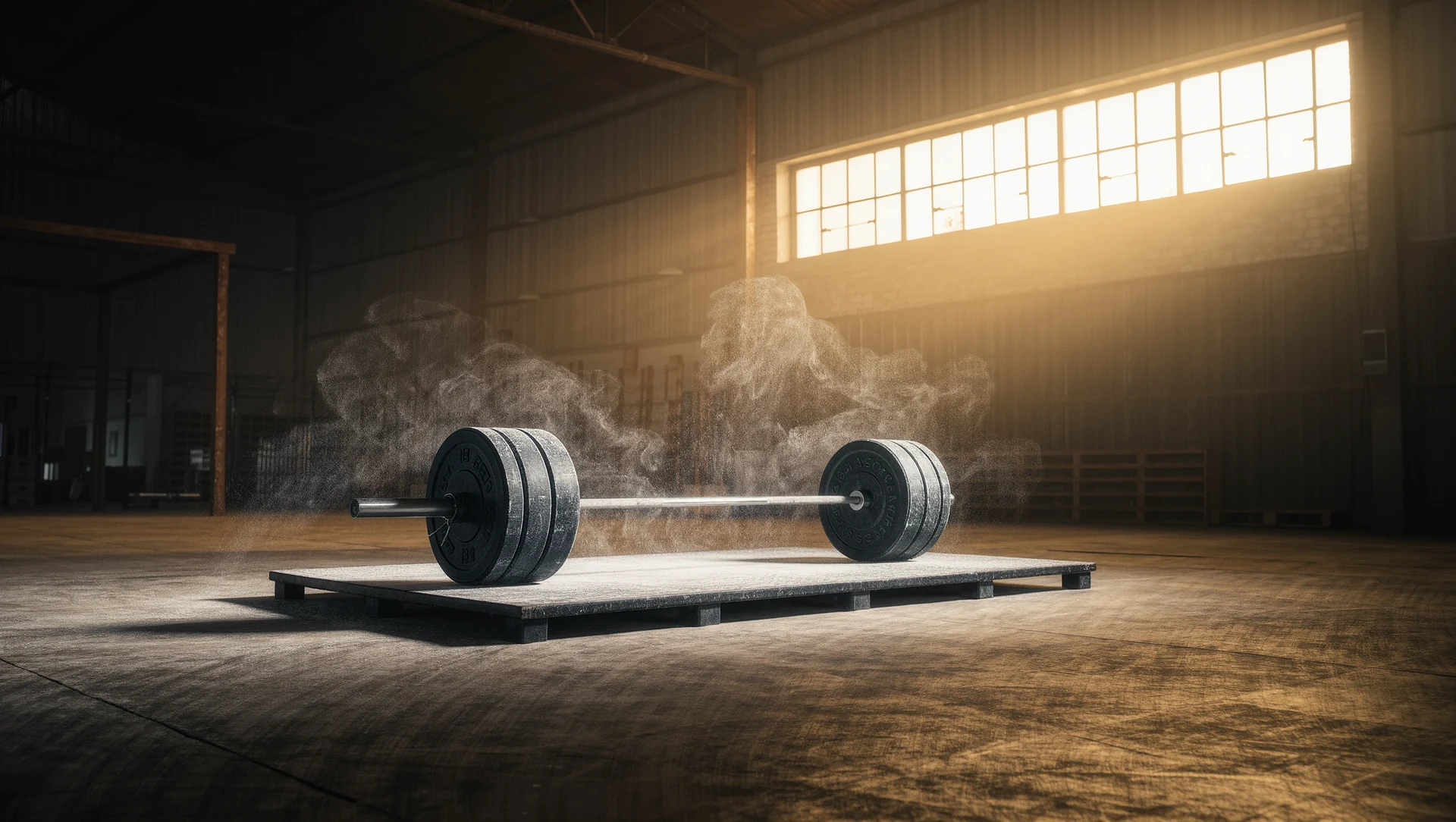 A loaded barbell resting on a platform in an empty warehouse gym, chalk dust in the air, warm light from a high window