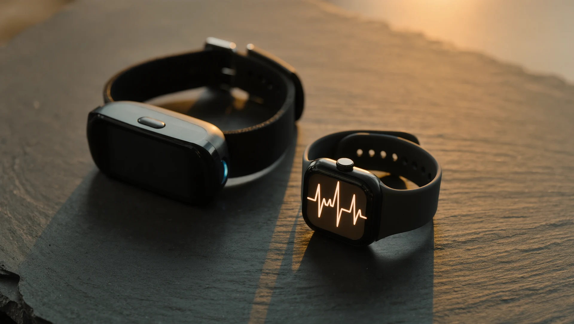 A chest-strap heart rate monitor and sports watch on dark slate, a faint glowing pulse curve reflected in the watch face