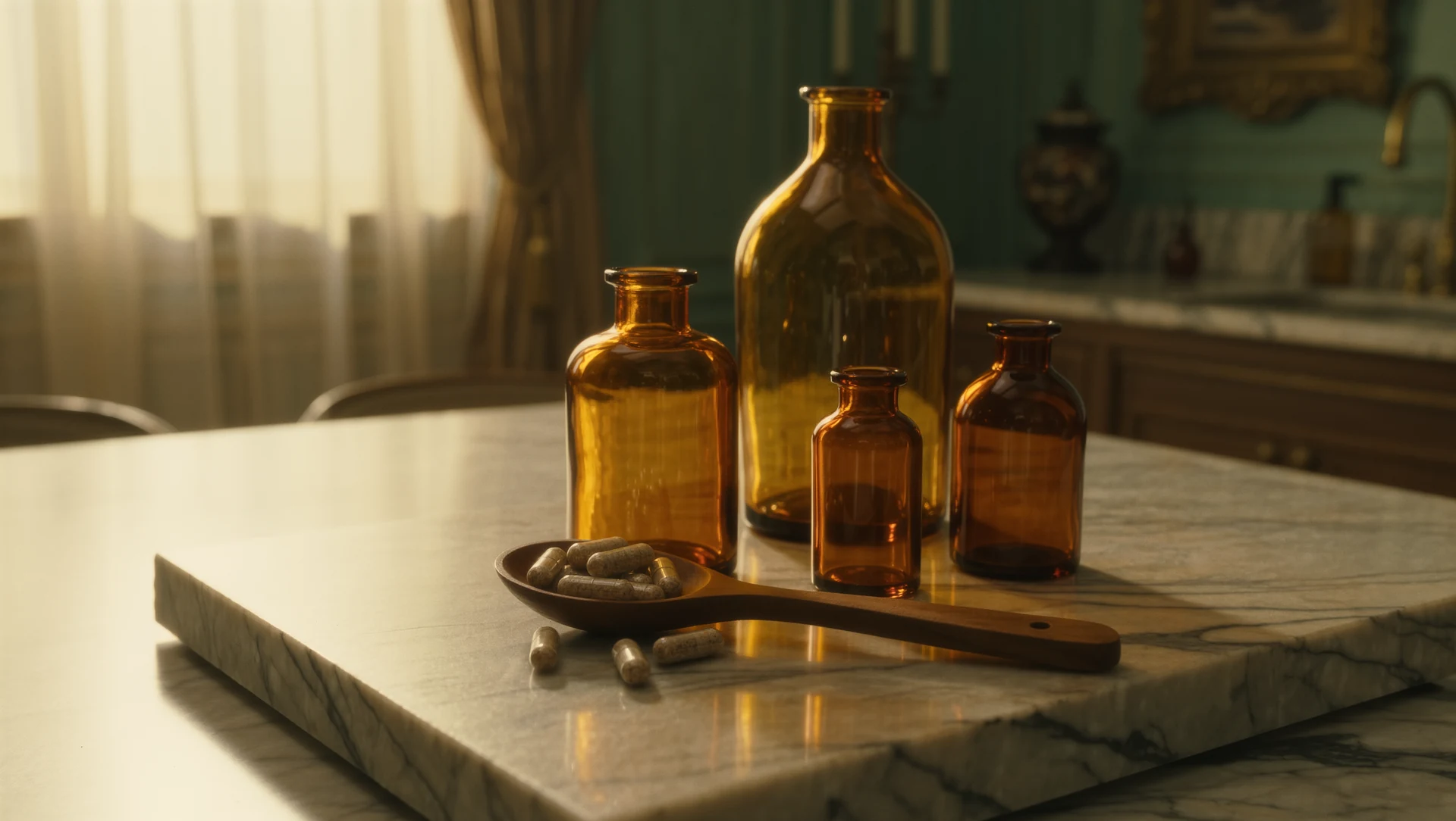 An apothecary still life: amber glass bottles and a small wooden spoon of capsules on a marble slab, warm light from the left