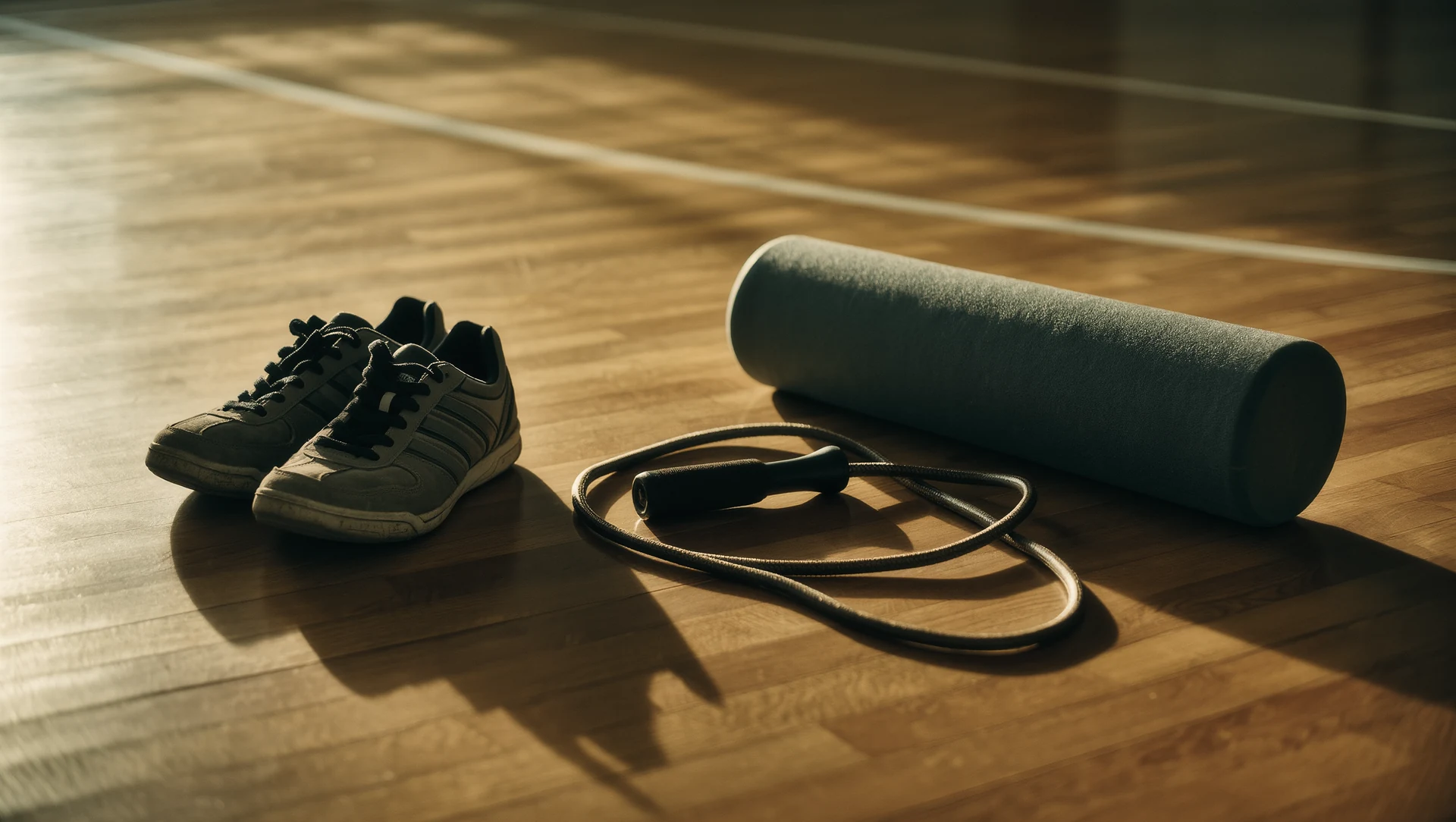 Worn training shoes, a jump rope and a foam roller on a wooden gym floor, hard directional light from one side